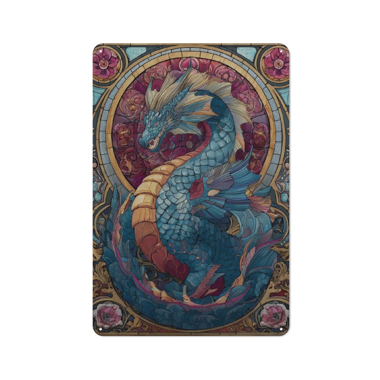 Junmoney Stained Glass Dragon Printed Metal Sign 30X20cm For Studio Or Craft Room, For Creative-Space Collectors