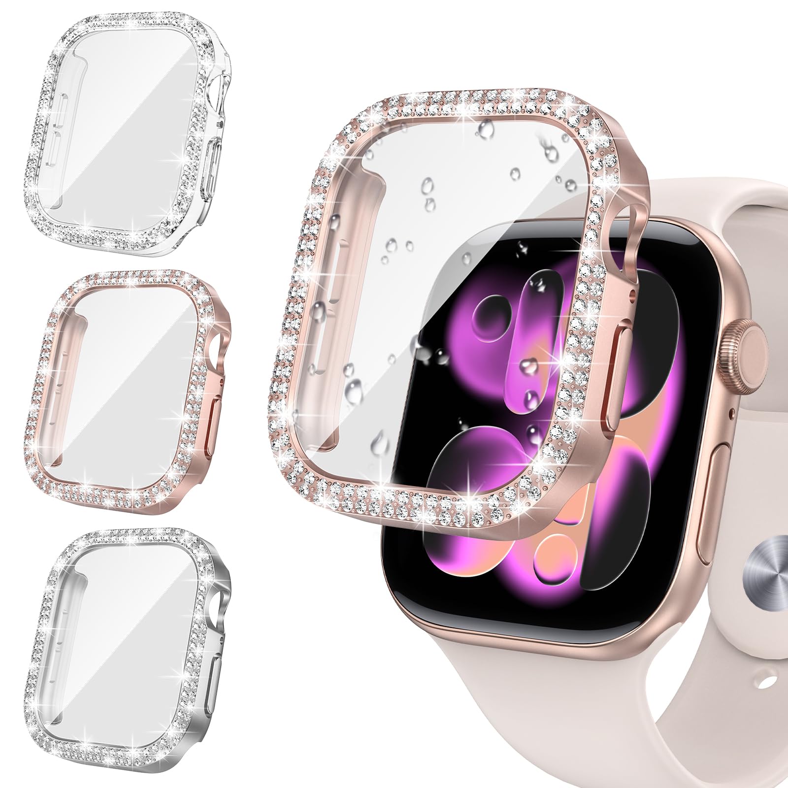 Tensea [3pcs for Apple Watch Screen Protector Case Series 11/10 46mm Accessories, iWatch Hard PC Diamond Bumper Case Built-in Tempered Glass Film,