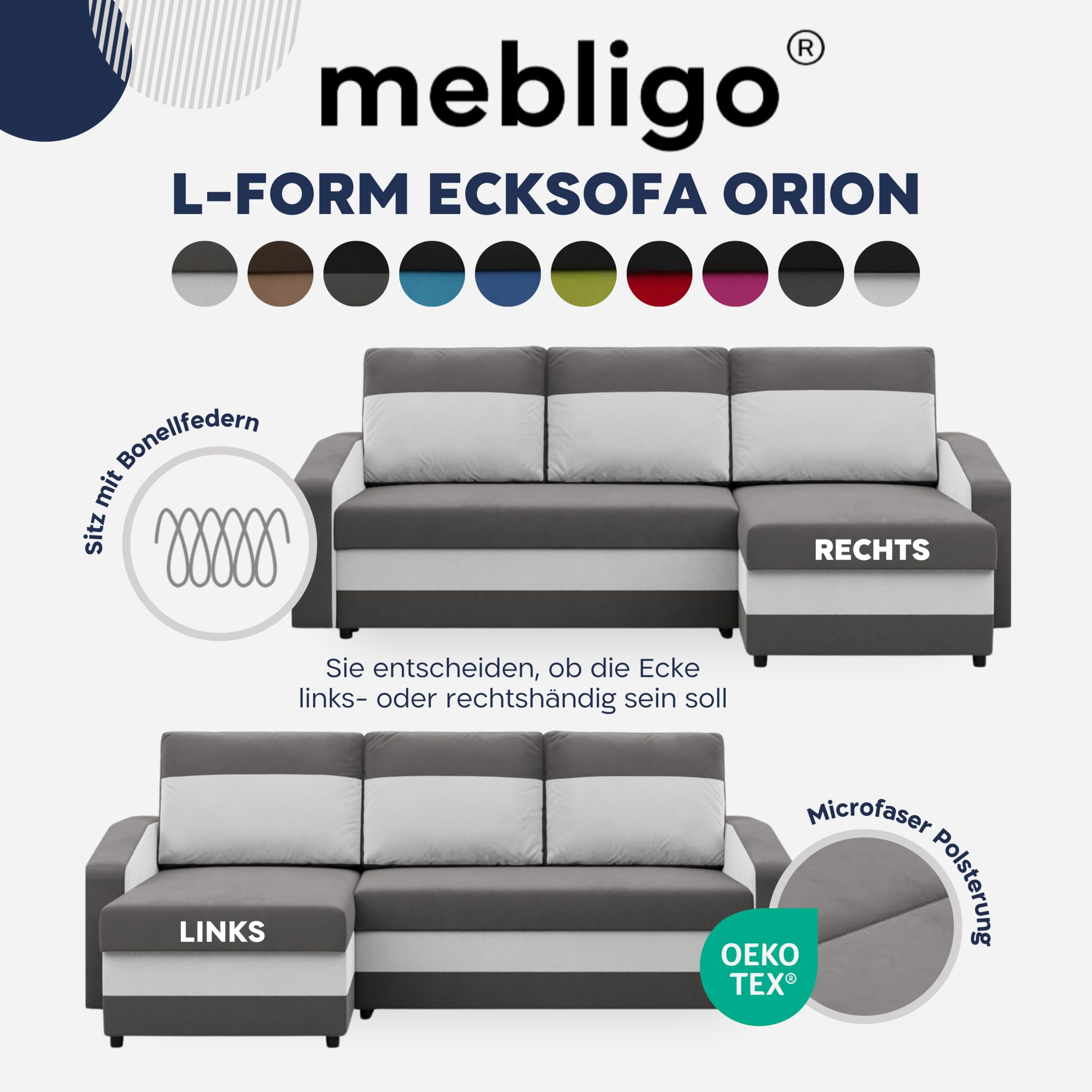 Mebligo - Ecksofa mit Schlaffunktion und Bettkasten Orion, Eckcouch Universelle Seite, Sofa L Form (BxTxH) 231 x 140 x 85 cm, Couch Wohnzimmer, Ecke Sofa, Dunkelbraun + Braun (Mikro 20 + Mikro 48)