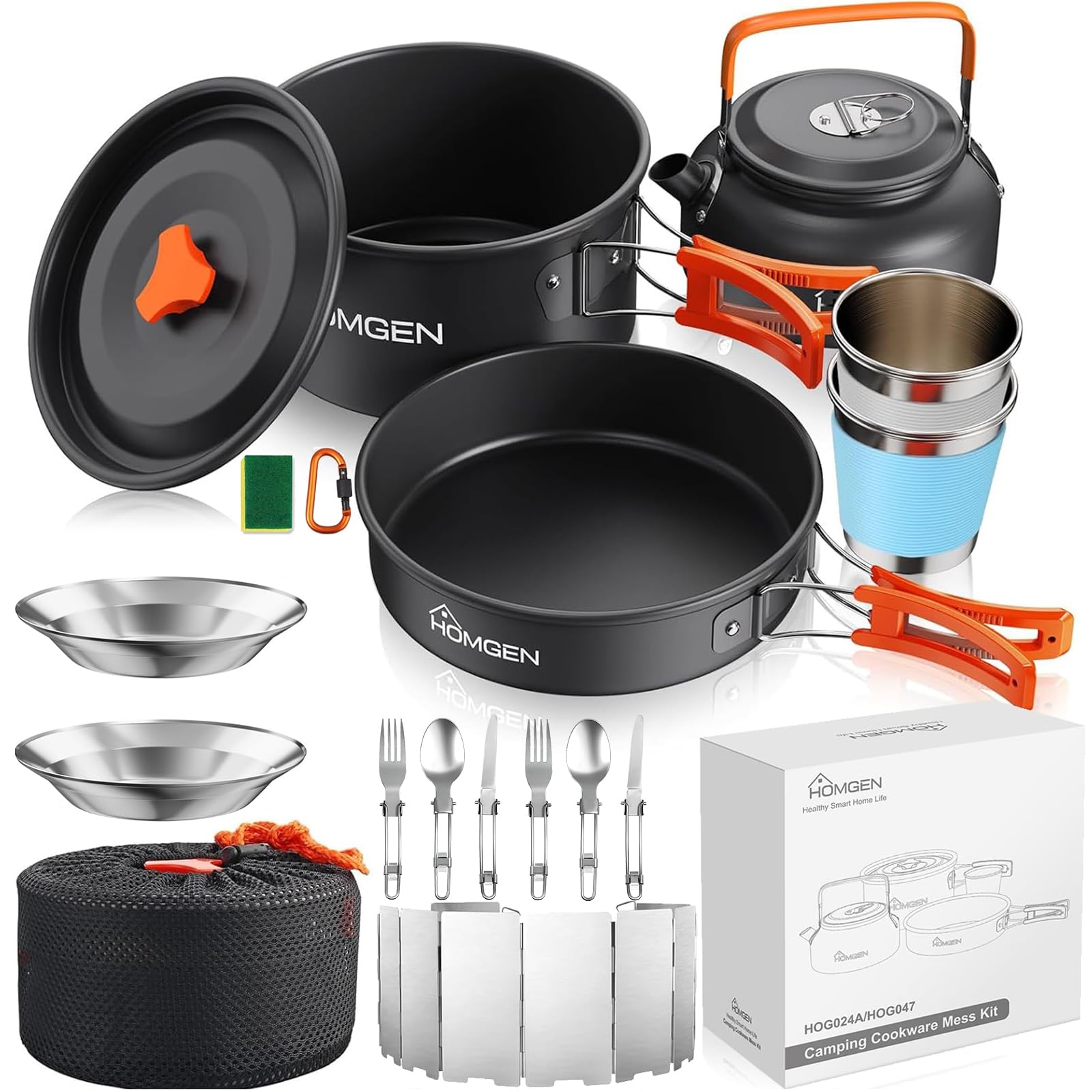 HOMGEN Upgraded Camping Pots and Pans Set for 2-3 People - Camping Cooking Set with 2 Plates and 1 Windshield - Aluminium Camping Cookware Kit - Protable Cooking Mess Kit - Camping Cooking Equipment