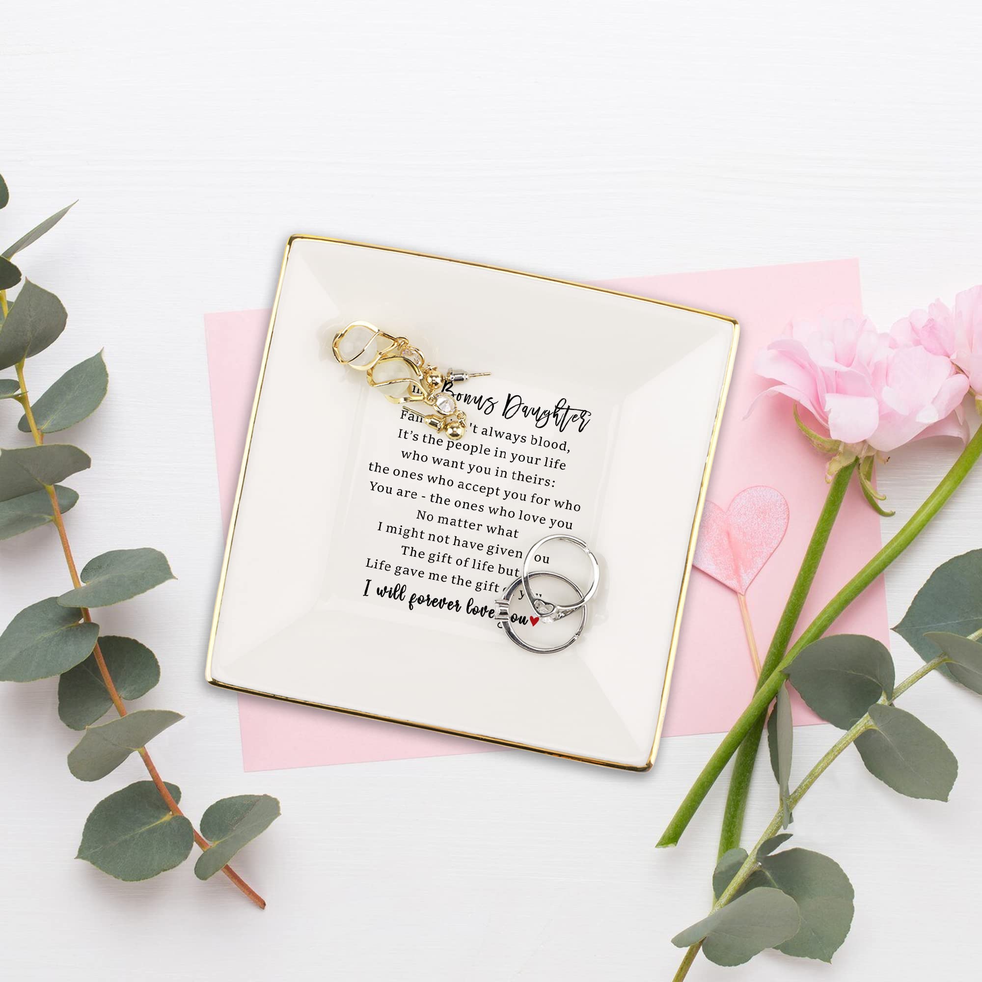 Ceramic Jewelry Ring Dish for Women Her, Christmas Birthday Wedding Day for Daughter Mom Grandma Coworker Aunt Best Firends Bonus Daughter, Jewelry Tray Keepsake