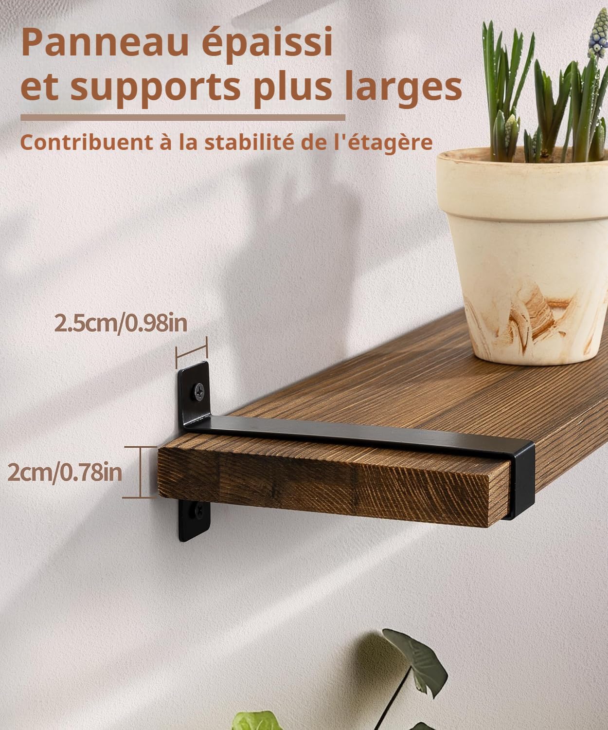 Gronda Estantería de Pared Larga, Baldas de Madera Marrón con Soporte Metal | 60cm Estantes de Pared Juego de 2, Repisa, Almacenaje, Decoración, Balda Flotante para Fotos, Plantas, para Salón