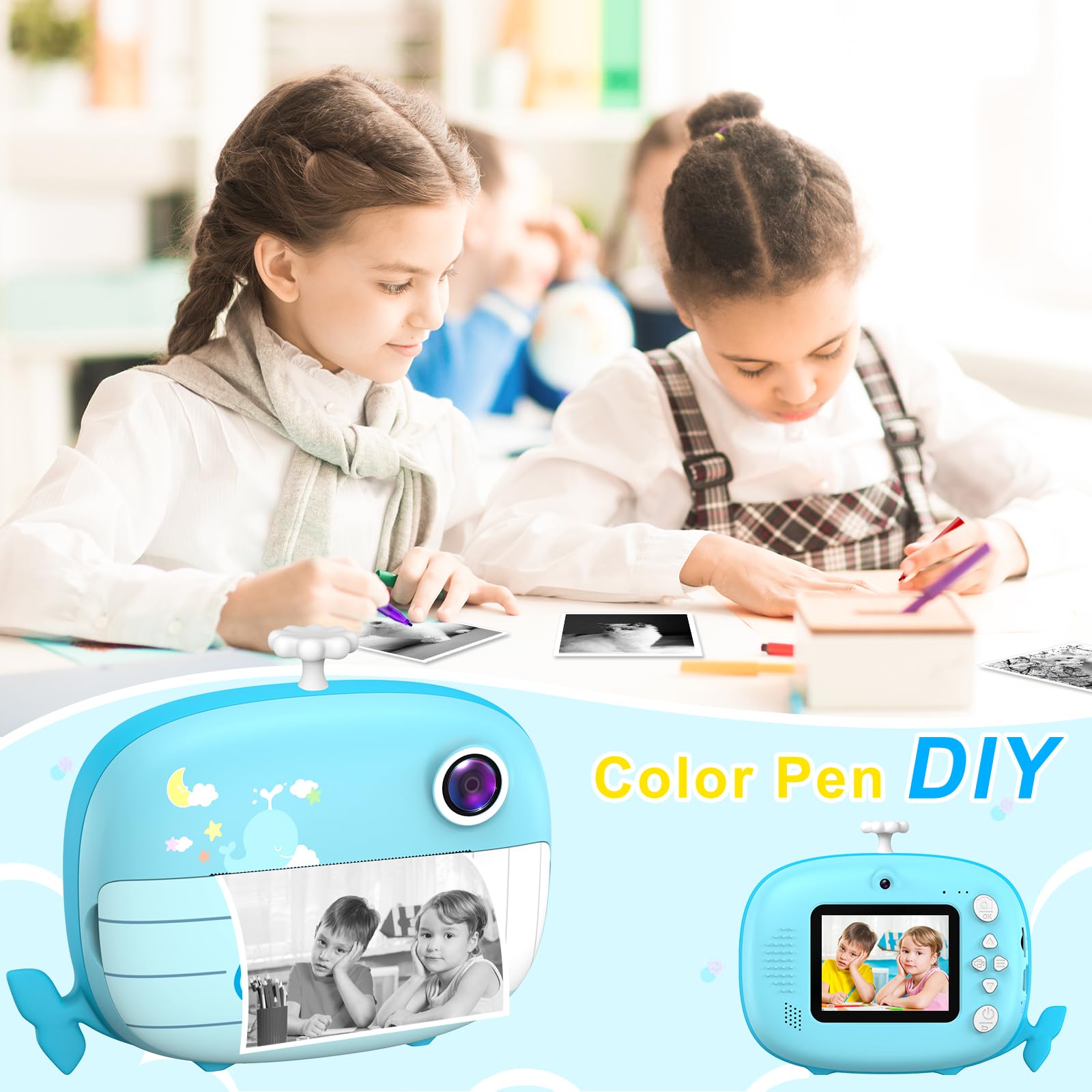 Ushining Camara Fotos Infantil Instantanea, 10X Zoom 1080P Videocámara Cámara Instantánea Niños con Pantalla de 2,4 Pulgadas Papel de Impresión y Tarjeta TF de 32GB, Regalos para Niños y Niñas, Azul
