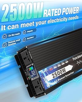 NIHAO 2500W Power Inverters DC 12V to 110V AC Converter with LCD Display, 2 International Socket and Battery Clips for Home, RV, Outdoor, Camping, Boat