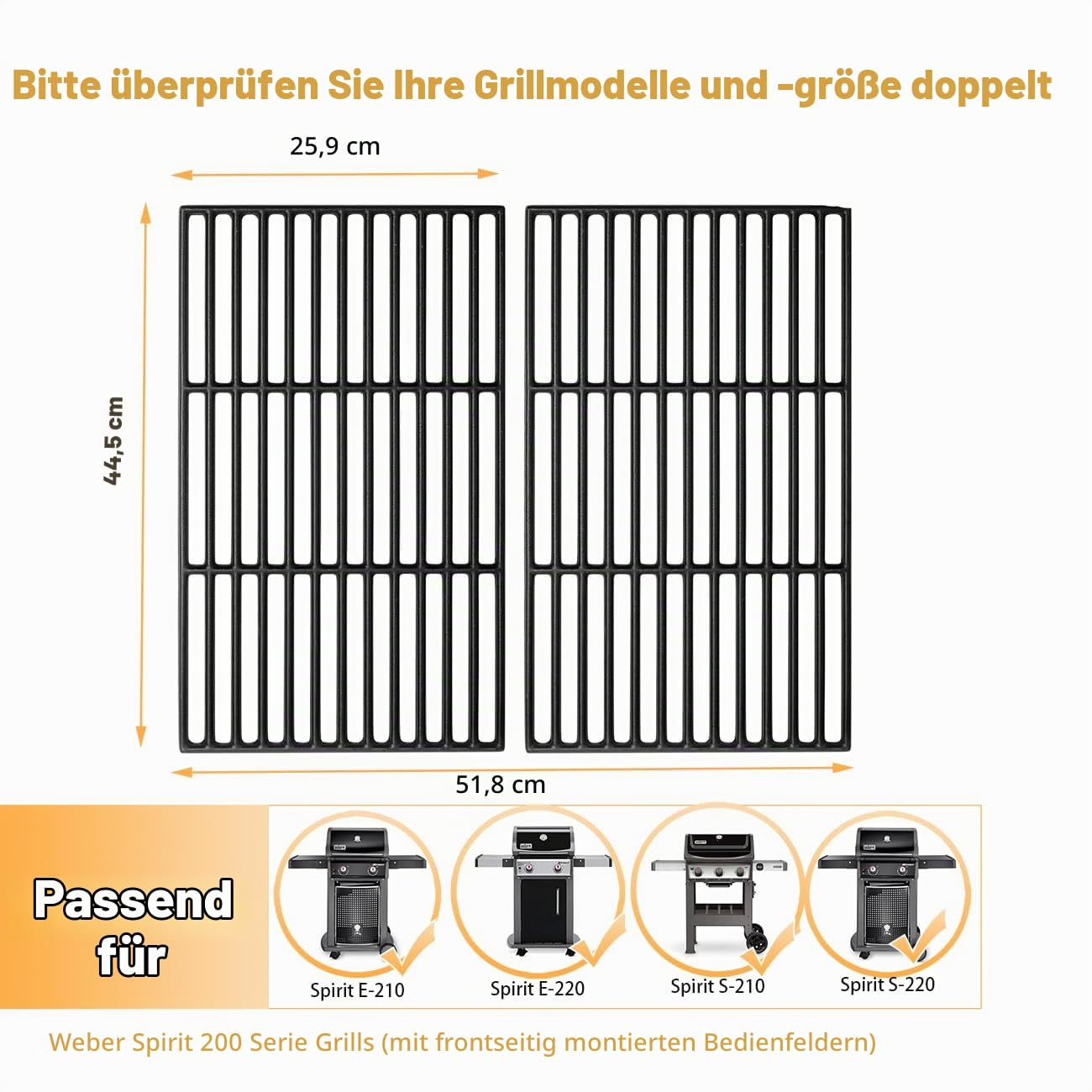 E210 44,5x26cm Grillrost für Weber Spirit I & II 200 Serie, Spirit E210, E220, S210, S220 (mit vorderen Bedienknöpfen), 7637 Ersatzteile Gusseisen für Spirit 200 Grillrost