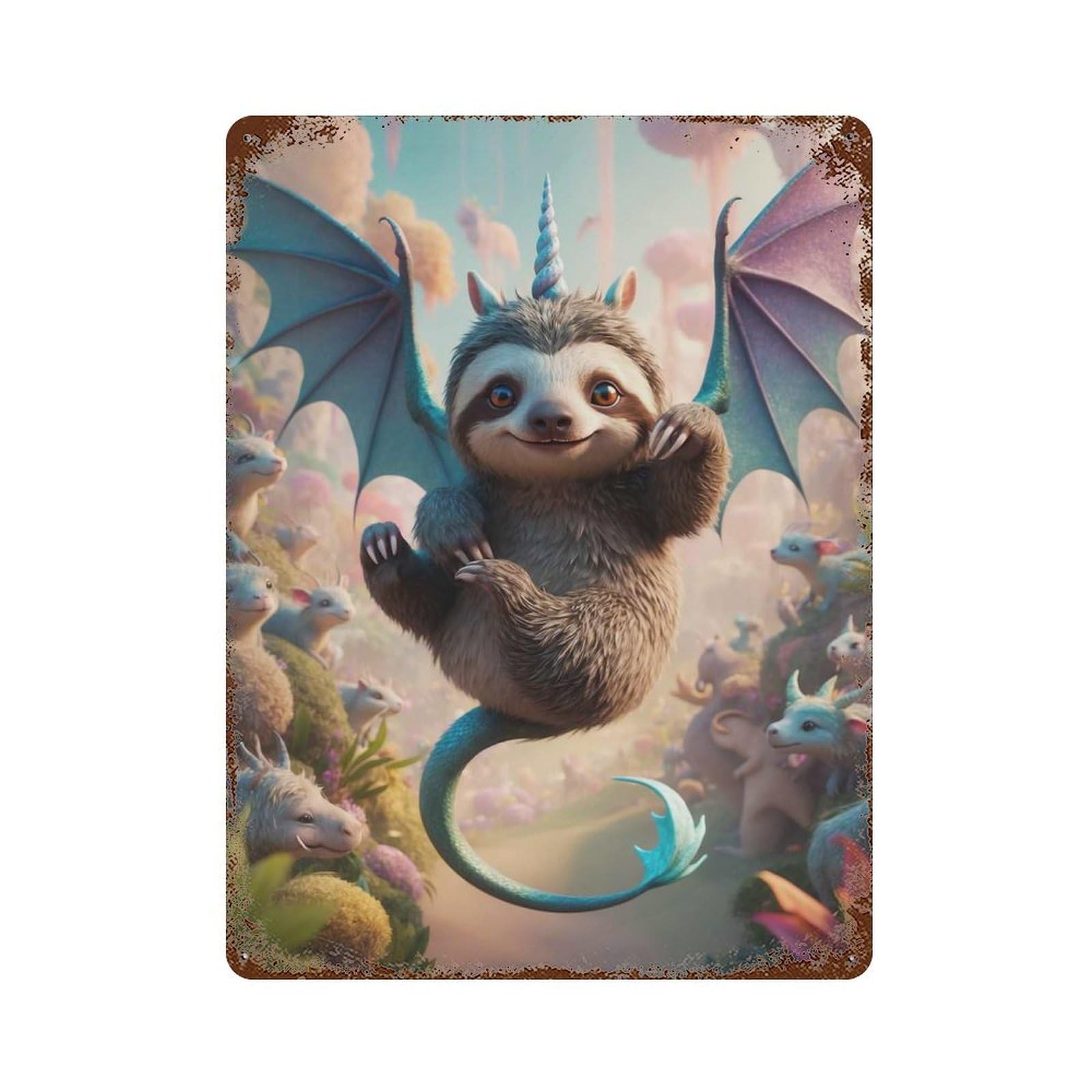 Rust Effect Sloth Pup Dragon Unicorn Hybrid Aged Metal Wall Plaque 15.7"x11.8", Rustic Home Decor for Bistro, Counter And Cafe Decor