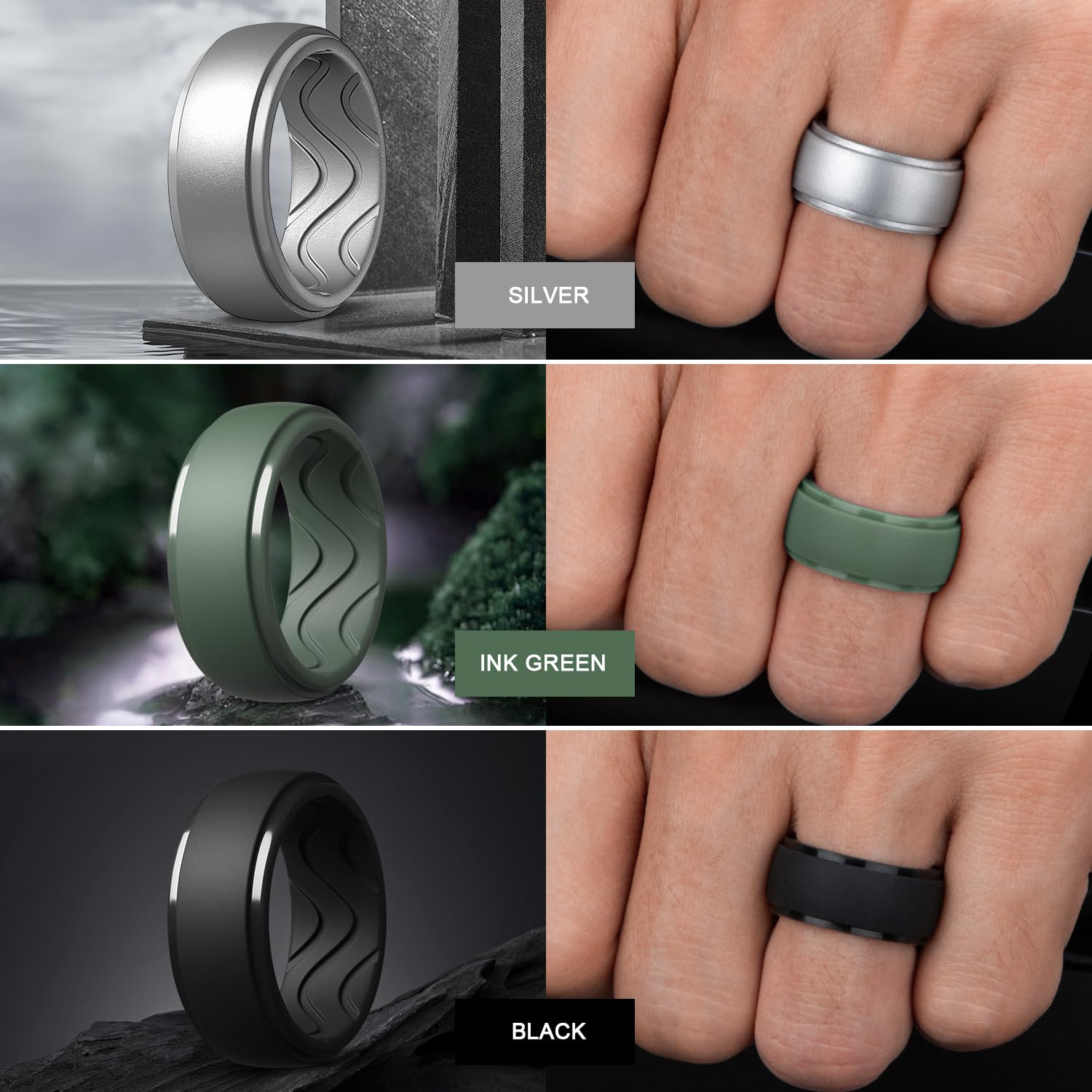 Egnaro Men's Silicone Rings 10mm Wide 2.5mm Thick, Rubber Wedding Bands with Inner Arc Ergonomic Breathable Design, 1/4/5/7 Variety Multipack