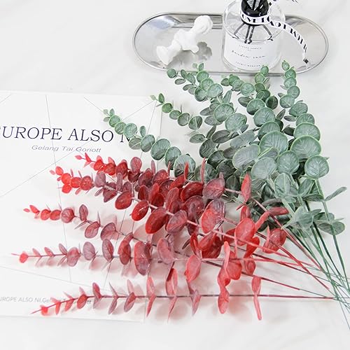 Miniatura 5 de Tinsow - Rama artificial de hojas de eucalipto con toque real, eucaliptos sintéticos, centro de mesa para bodas, decoración del hogar (66 cm, rojo)