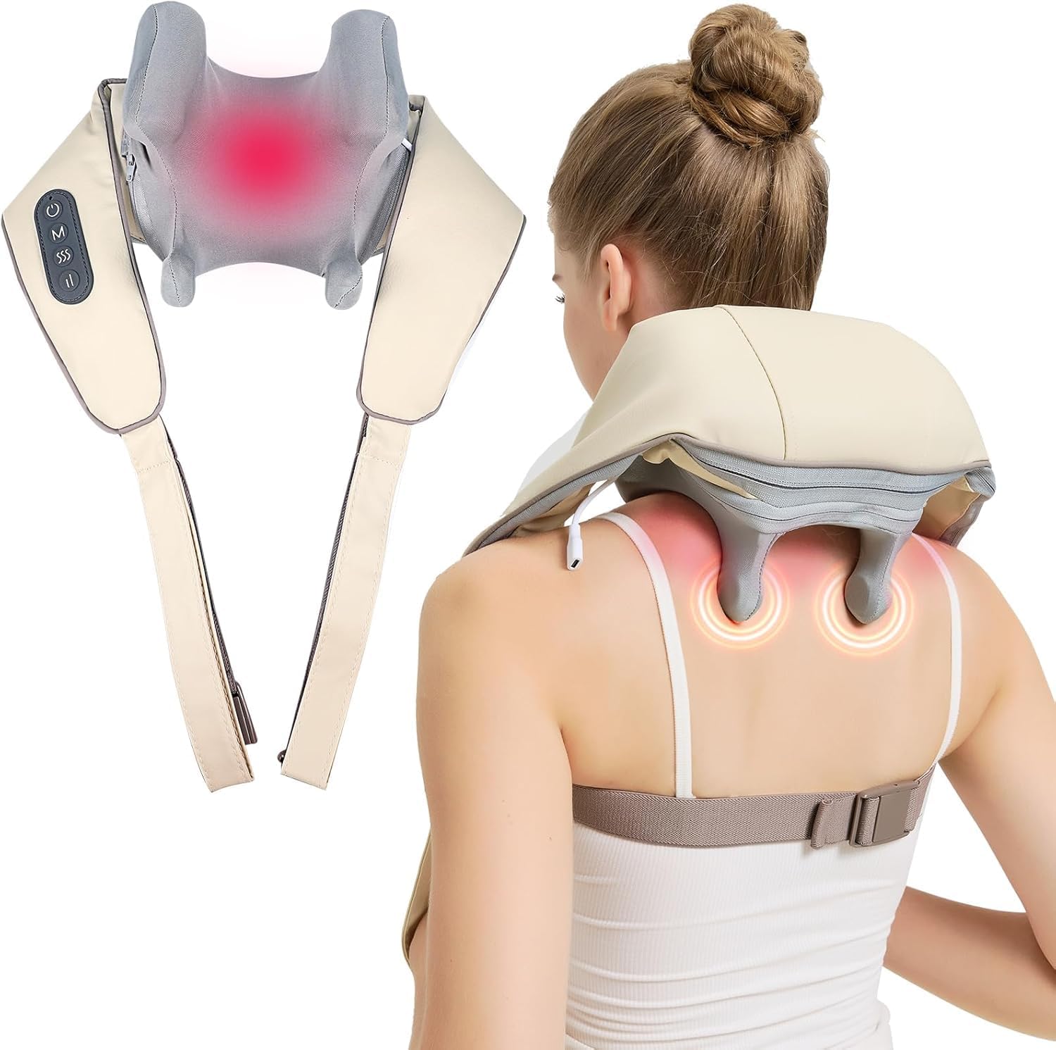 4D Deep Cordless Tissue Kneading Neck Massage with Heating Function, Shiatsu and Shoulder Massage Pillow,Back and Leg Pain Relief, Body Muscle Pain Relief, Gifts for Men Women Neck Massage-white