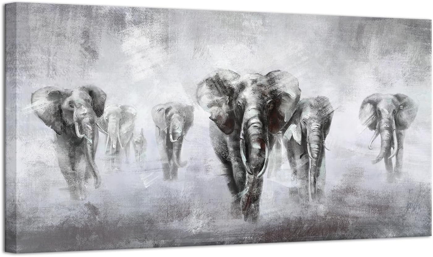 African Art Wall Decor A Herd of Elephant Vastu Migrate in the Winter Season Black and White Abstract Animal Canvas Wall Art for Office Living Room Contemporary Art Ready to hang 24inchx48inch