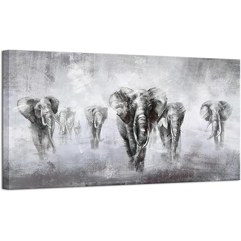 African Art Wall Decor A Herd of Elephant Vastu Migrate in the Winter Season Black and White Abstract Animal Canvas Wall Art for Office Living Room Contemporary Art Ready to hang 24inchx48inch