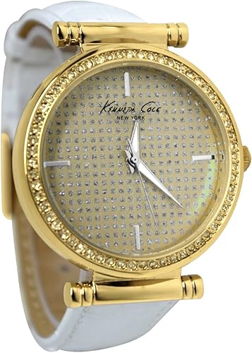 Kenneth Cole KCW2006 Champagne Glitzy Dial blanco banda de cuero grande mujeres reloj