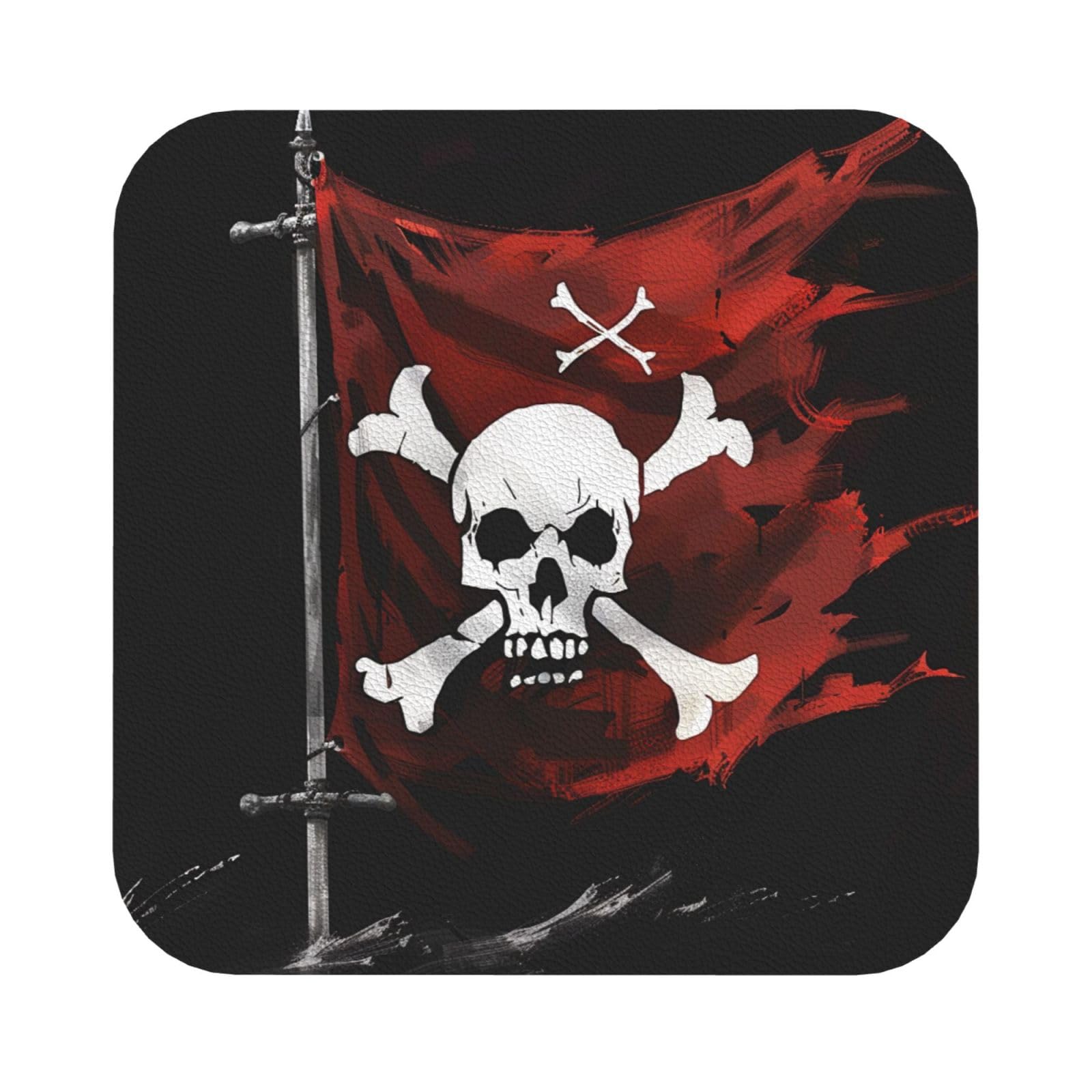 Pirate Flag Print Leather Coaster Set of 6, Square Coasters Table Decorative Coffee Cup Beverage Coasters Wine Beer Bar Coasters for Hot Drinks Table Protection