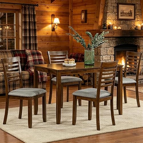 LUMISOL 5-Piece Solid Wood Dining Table Set for 4, Farmhouse Kitchen Table Set with 4 Upholstered Chairs for Kitchen, Dining Room, Small Space, Walnut