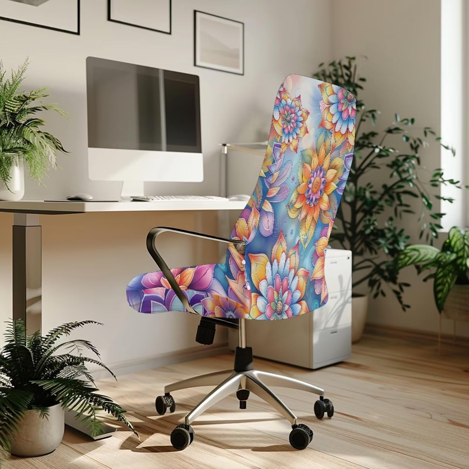 Bohemian Lotus Flower Print Office Chair Cover Computer Chair Covers Removable Chair Protector Slipcover Stretch Fabric Boss Chair Covers for Home Decor, Large