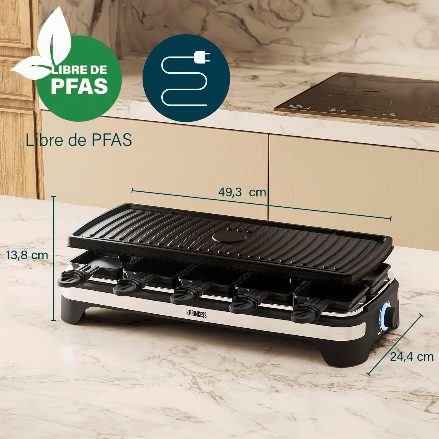 Princess 162650 Raclette multifuncional XXL, parrilla y raclette, termostato regulable, superficie de 49 x 21 cm, revestimiento antiadherente, temperatura de 220 °C, Para 10 comensales, 1500 W