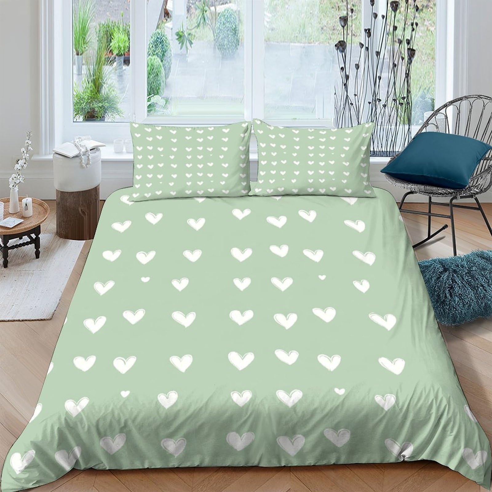 Linge de lit microfibre résistante 260x220 motif cœur blanc minimaliste