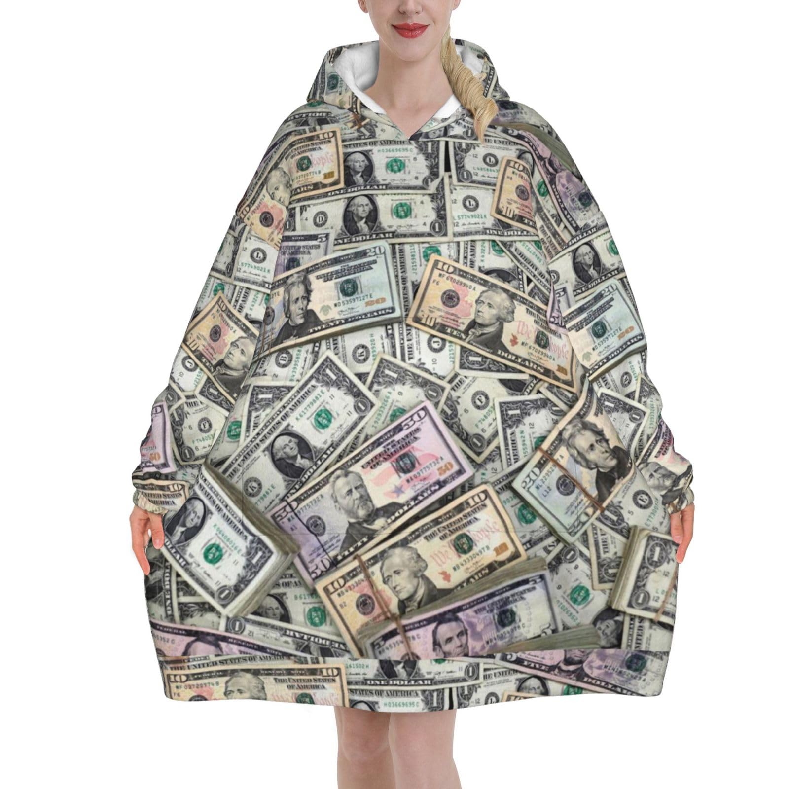 Augenstern Oversized Flannel Wearable Blanket Hoodie For Adult Dollars-Money-Cash-Pattern Soft Fuzzy Hooded Lounging Pullover