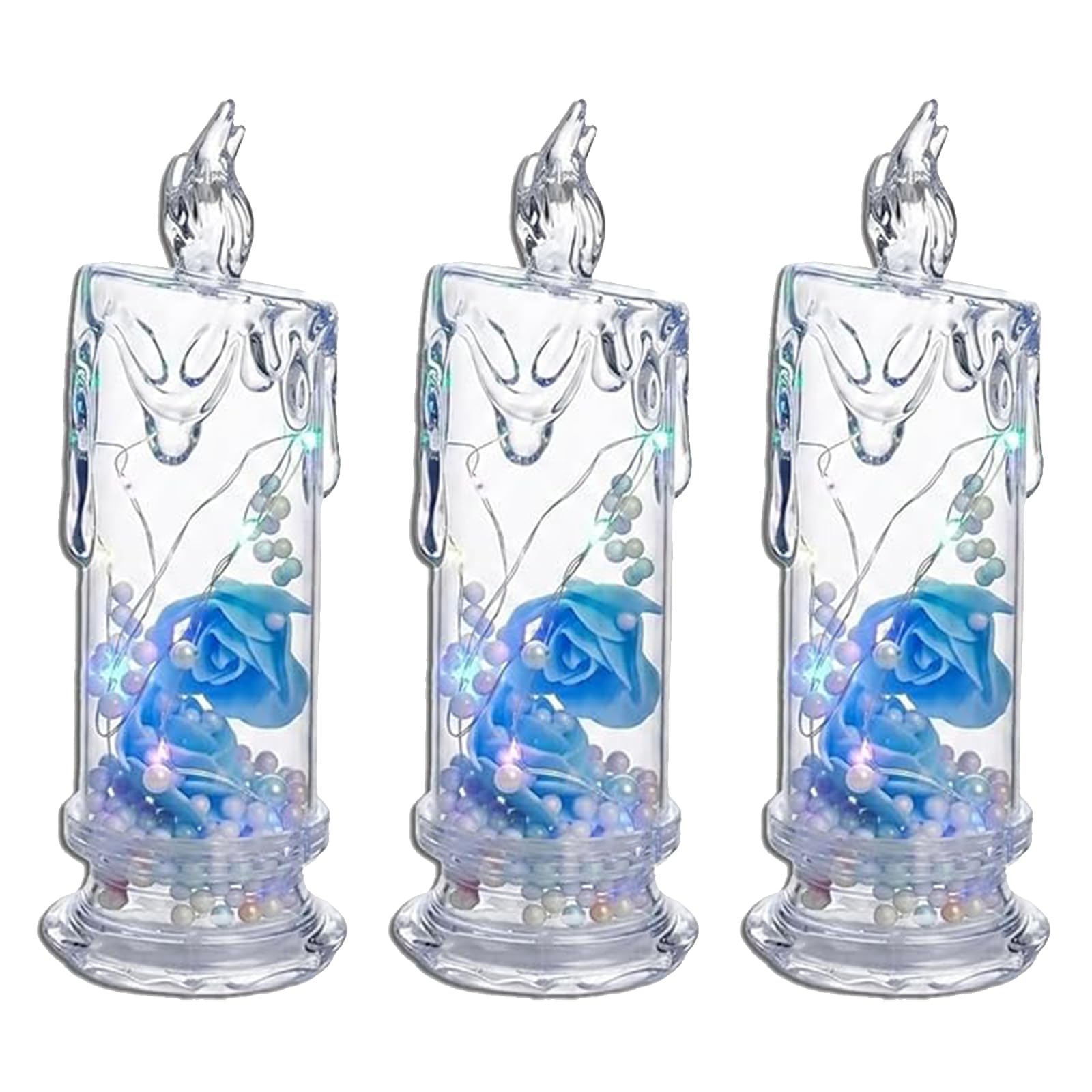 Miepkvl 3Pcs Realistic Rose Candle Lights Battery-Powered LED Crystal Candle Lights, Romantic Flameless Pillar Candle Lights with Rose Shadow for Wedding Anniversary Decoration (Blue)