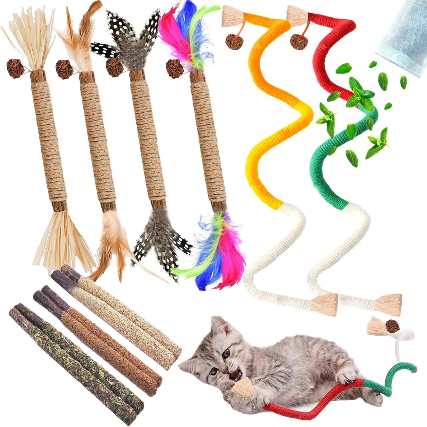 NSWXZDS Cat Toys for Indoor Cats 12pcs Kitten Chew Self Play Kitty Dental Rope Interactive Catnip Toy Refillable Matatabi Treats for Cleaning Teeth Lickable Silvervine Feather Sticks
