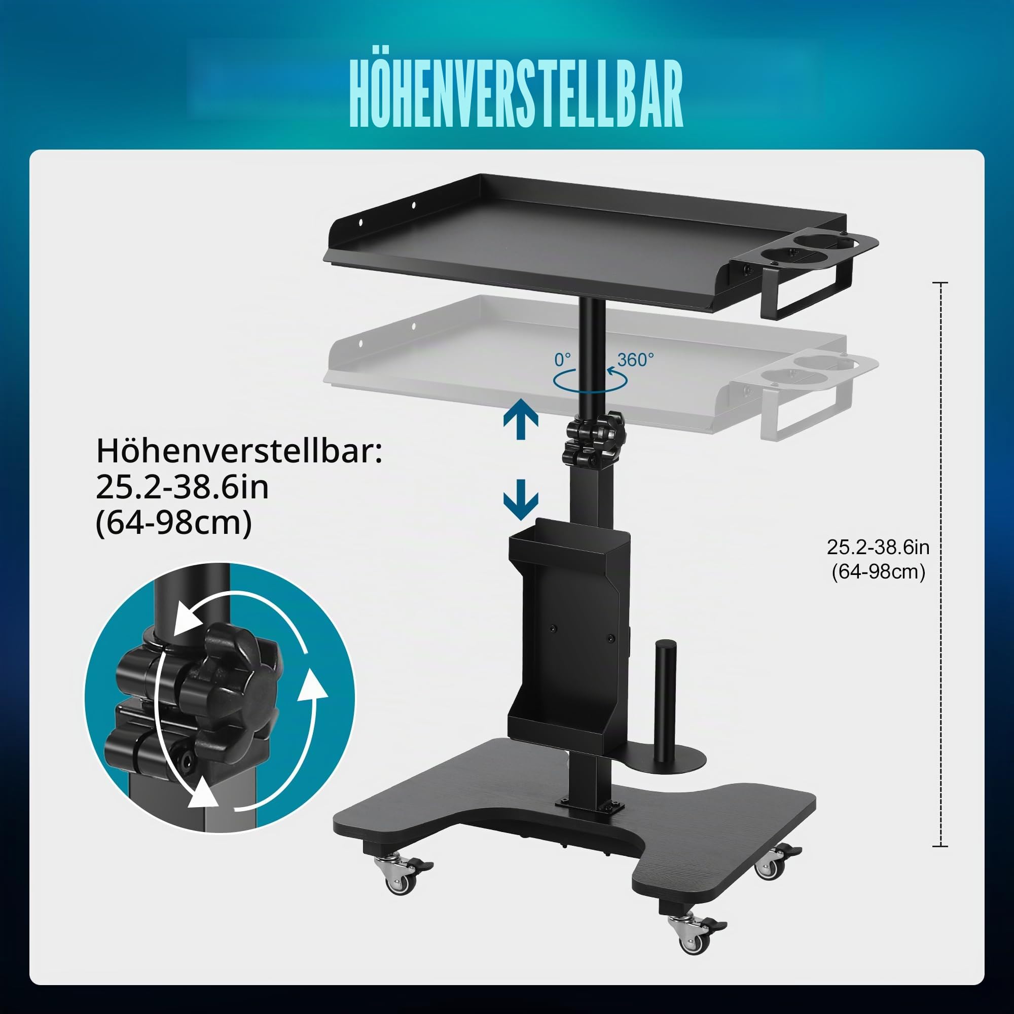 Poarmeey Tattoo-Tablett auf Rollen, höhenverstellbarer Tattoo-Wagen mit Handschuhfach und Taschentuchhalter, Schwarz