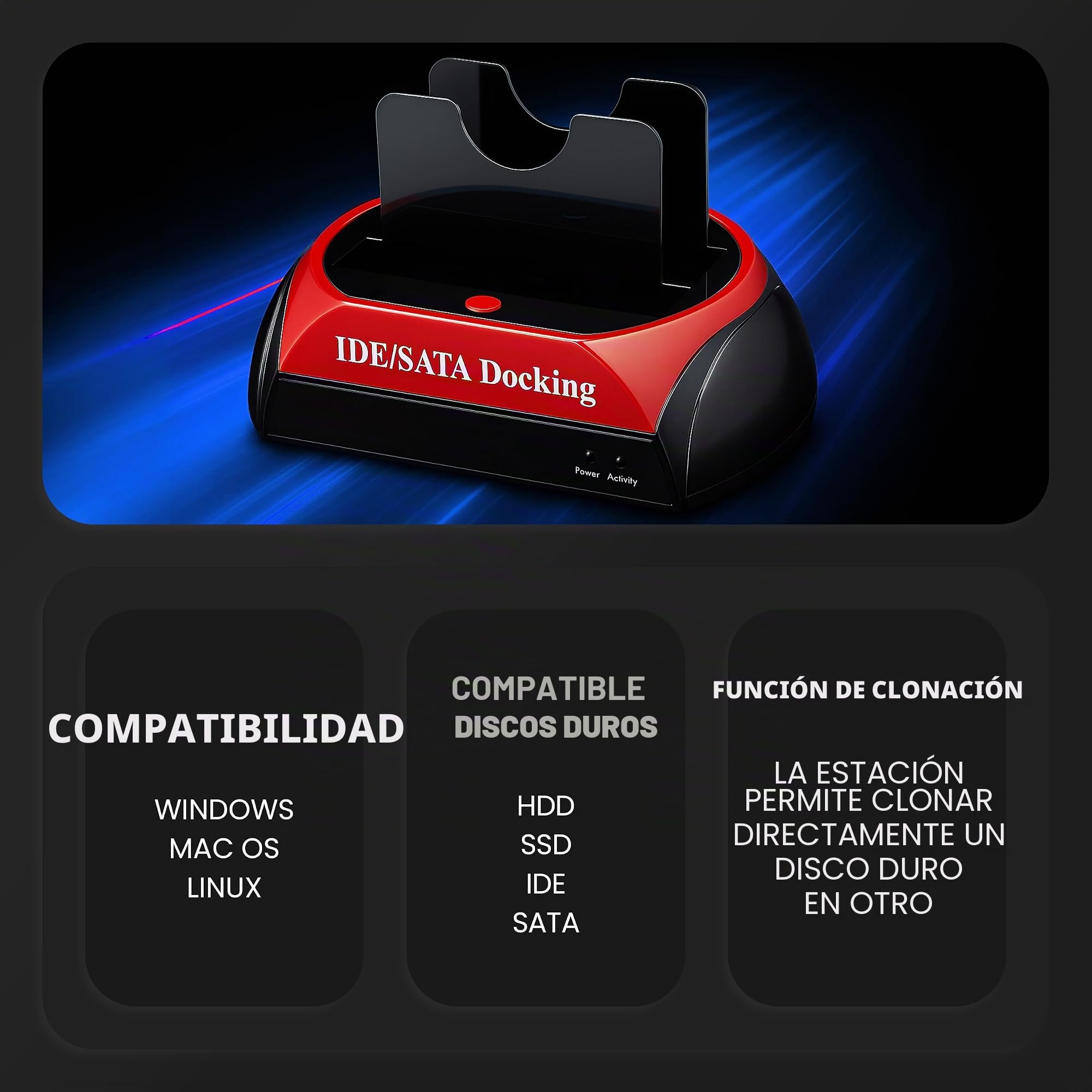 Retoo Estación De Acoplamiento del Disco Duro, USB 2.0, Base De Conexión para SATA I/II/III, HDD O SSD De 2.5"/3.5", Carcasa Disco Duro Externo Sata, Compatible con Windows