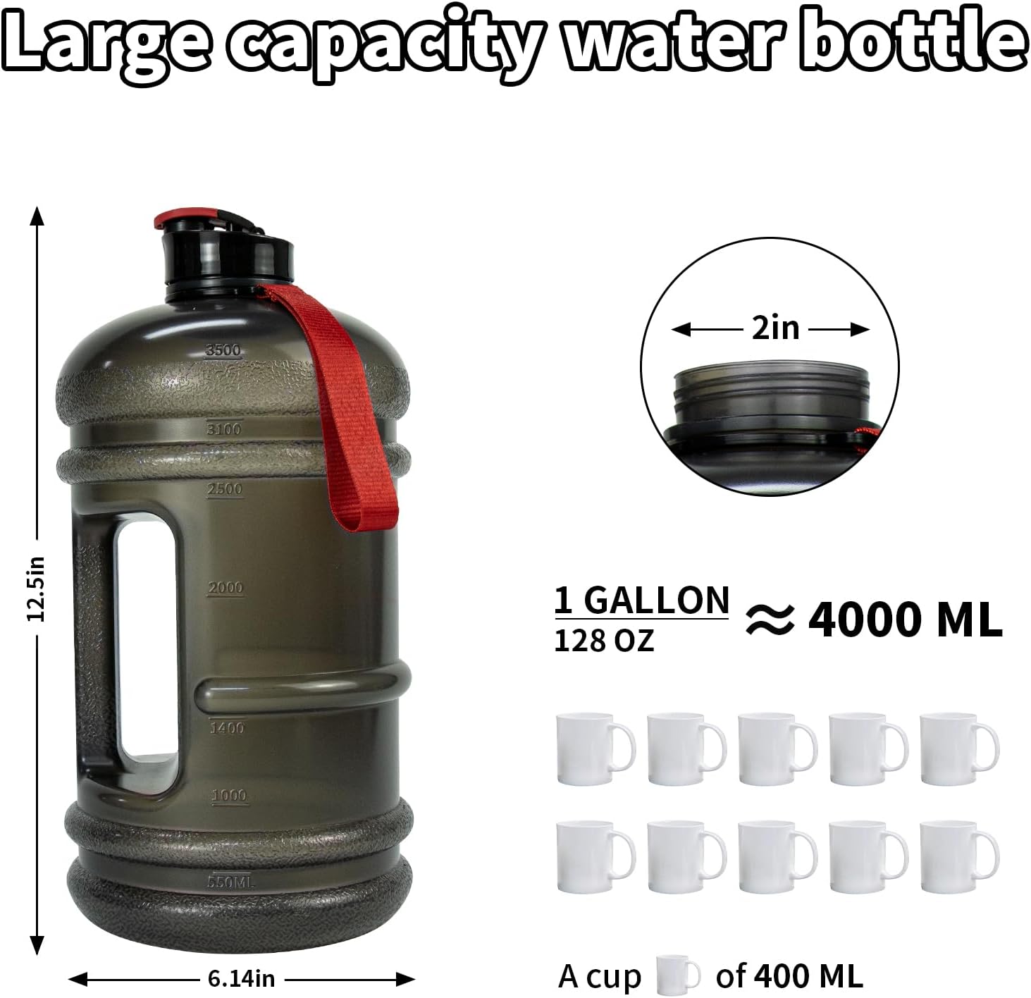 TOOFEEL 1 Gallon Water Bottle,Leakproof,BPA Free,Dishwasher Safe,128 oz Large Water Jug wiht Handle,Travel & Camping & Sports & Gym Water Bottle For Men and Women - Transparent Black