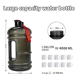 TOOFEEL 1 Gallon Water Bottle,Leakproof,BPA Free,Dishwasher Safe,128 oz Large Water Jug wiht Handle,Travel & Camping & Sports & Gym Water Bottle For Men and Women - Transparent Black