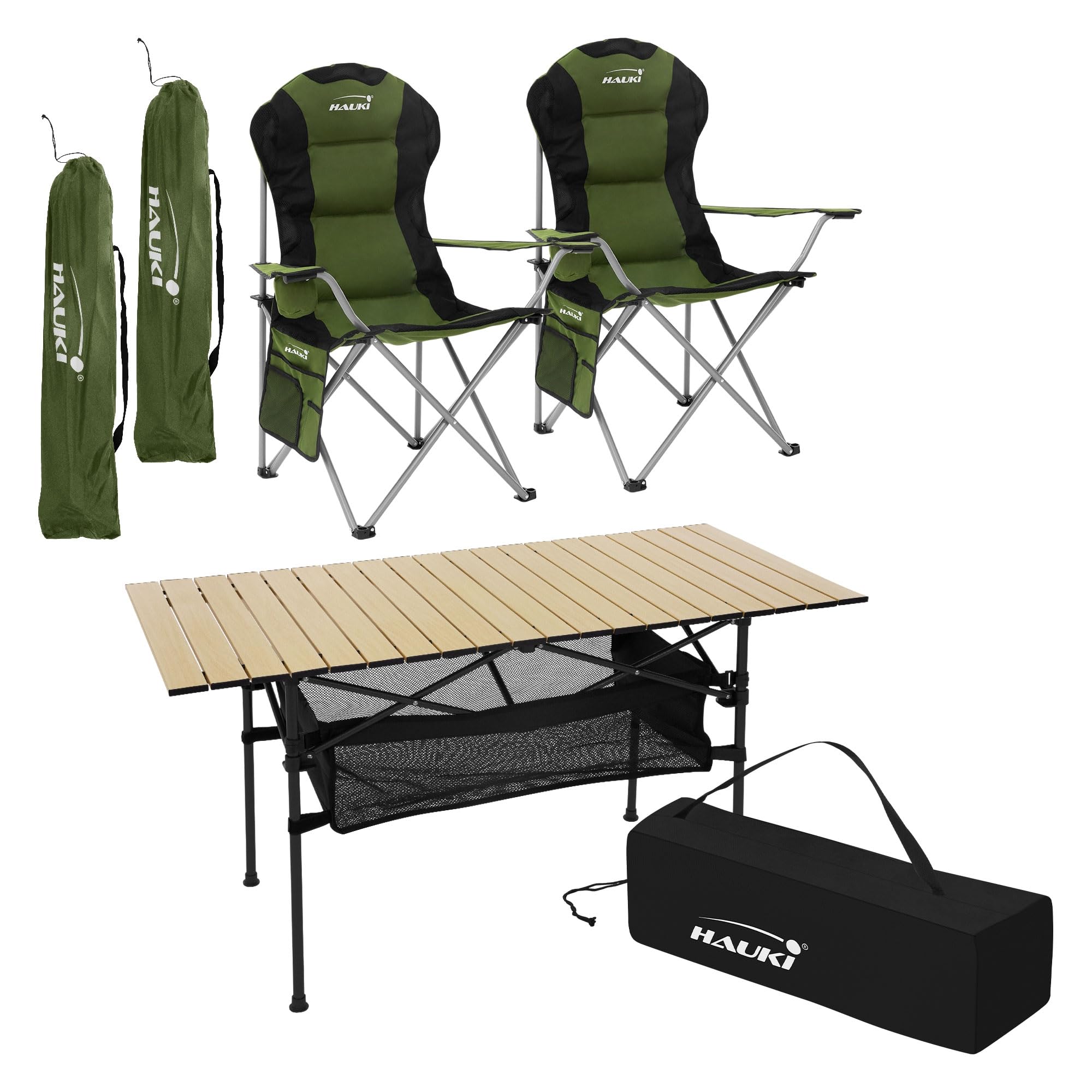 Hauki Set di Mobili da Campeggio 3 Pezzi con Tavolo Pieghevole Beige e 2 Sedie Kaki per 2 Persone con Borsa da Trasporto Struttura in Alluminio con 2x Sedia da Pesca e da Giardino