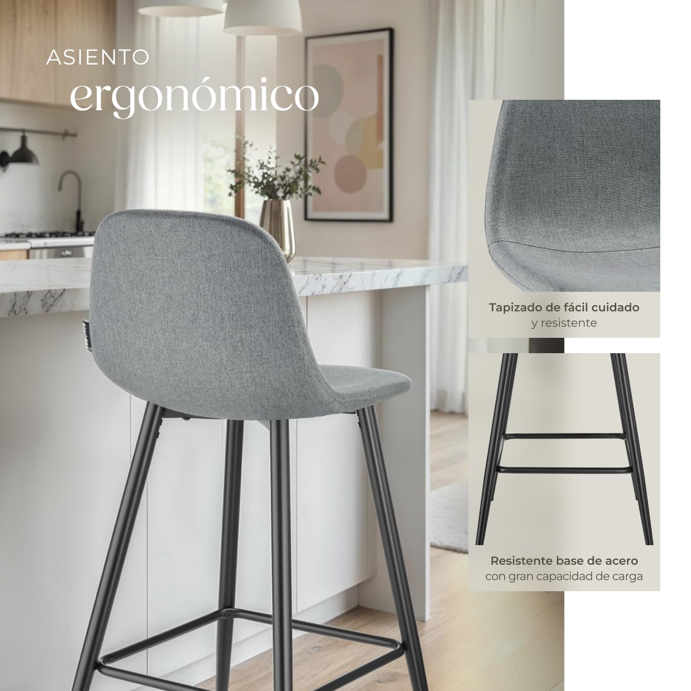 tectake® Taburete Alto con Respaldo, Acolchado, Reposapiés, Tejido Fácil De Cuidar, Patas De Acero, Pies Antideslizantes, Altura Ajustable, Silla Cocina o Bar, Banqueta - 2 sillas Gris Oscuro/Negro