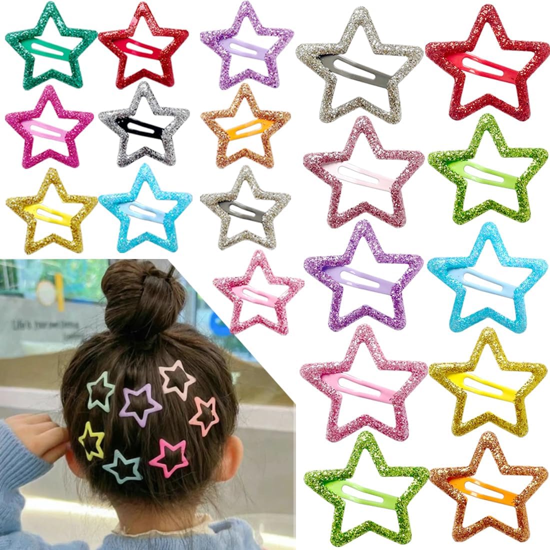 Diversa Star Glittery Hair Clips for Kids & Girls, Mini Tic Tac Metal Star Shape Hair Clips, Kids Hair Star Barrettes, Hair Accessories Side Pin for Baby Girl, Multicolor, Pack of 20