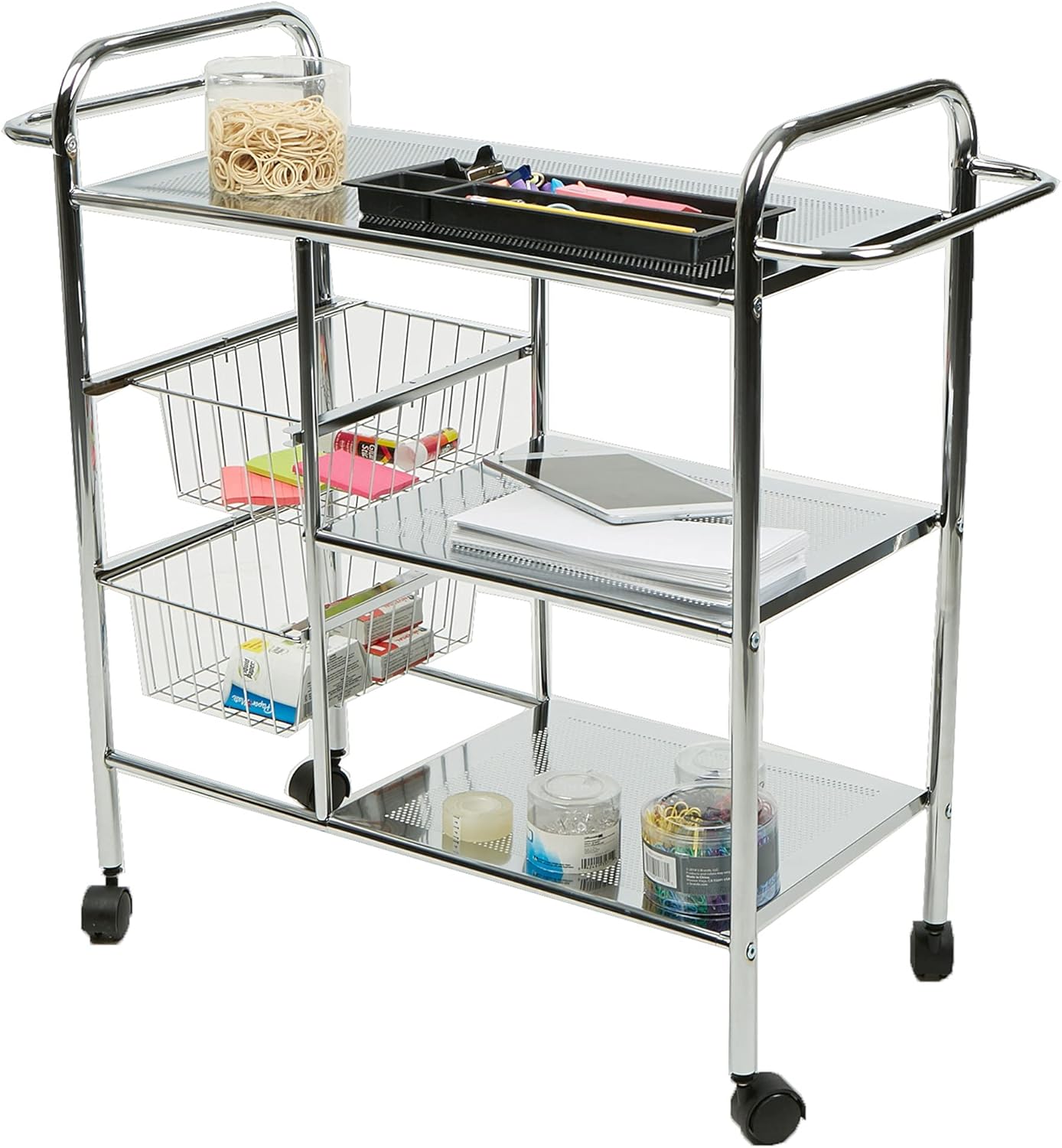 Exclusive Discount 70% Price Mind Reader 3-Tier Kitchen / Utility Cart with 2 Shelves, 2 Baskets For Extra Storage, Handles for Hanging Towels