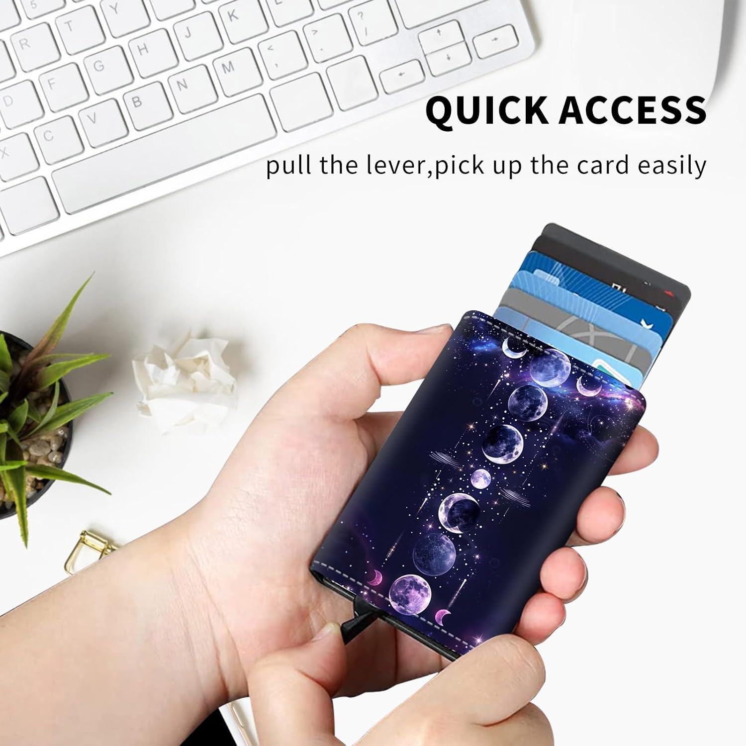 Aluminum Auto Pop Up Wallet Case Credit Card Holder For Women Men Girl, Leather Card Case Front Pocket Trifold Wallet with RFID Blocking Banknote Slot Slim Wallet Women, Purple Moon Planet