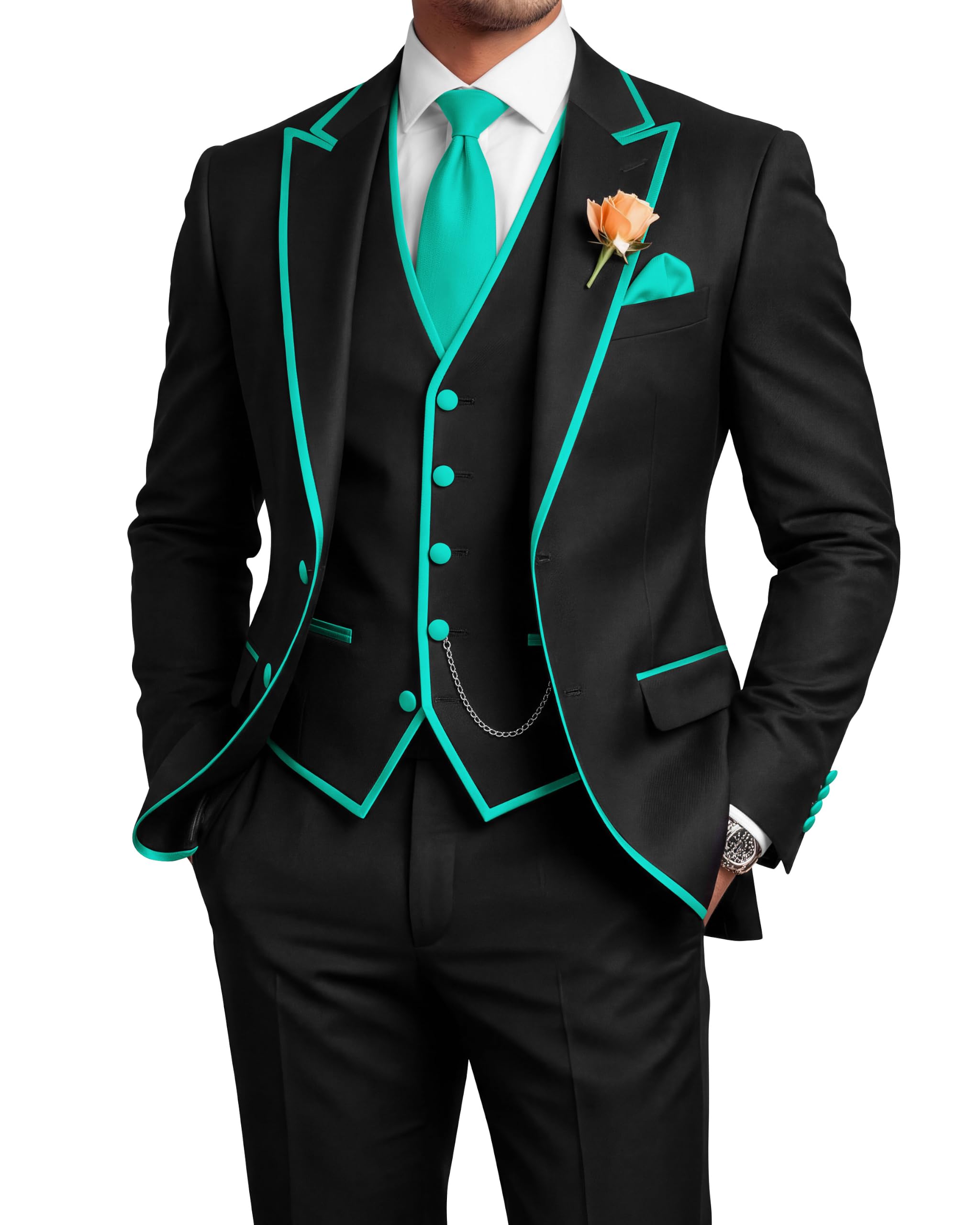 Men's 3 Piece Tuxedo for Men Slim Fit Black Wedding Suits for Groom Groomsman Prom Graduation Jacket Vest Pants