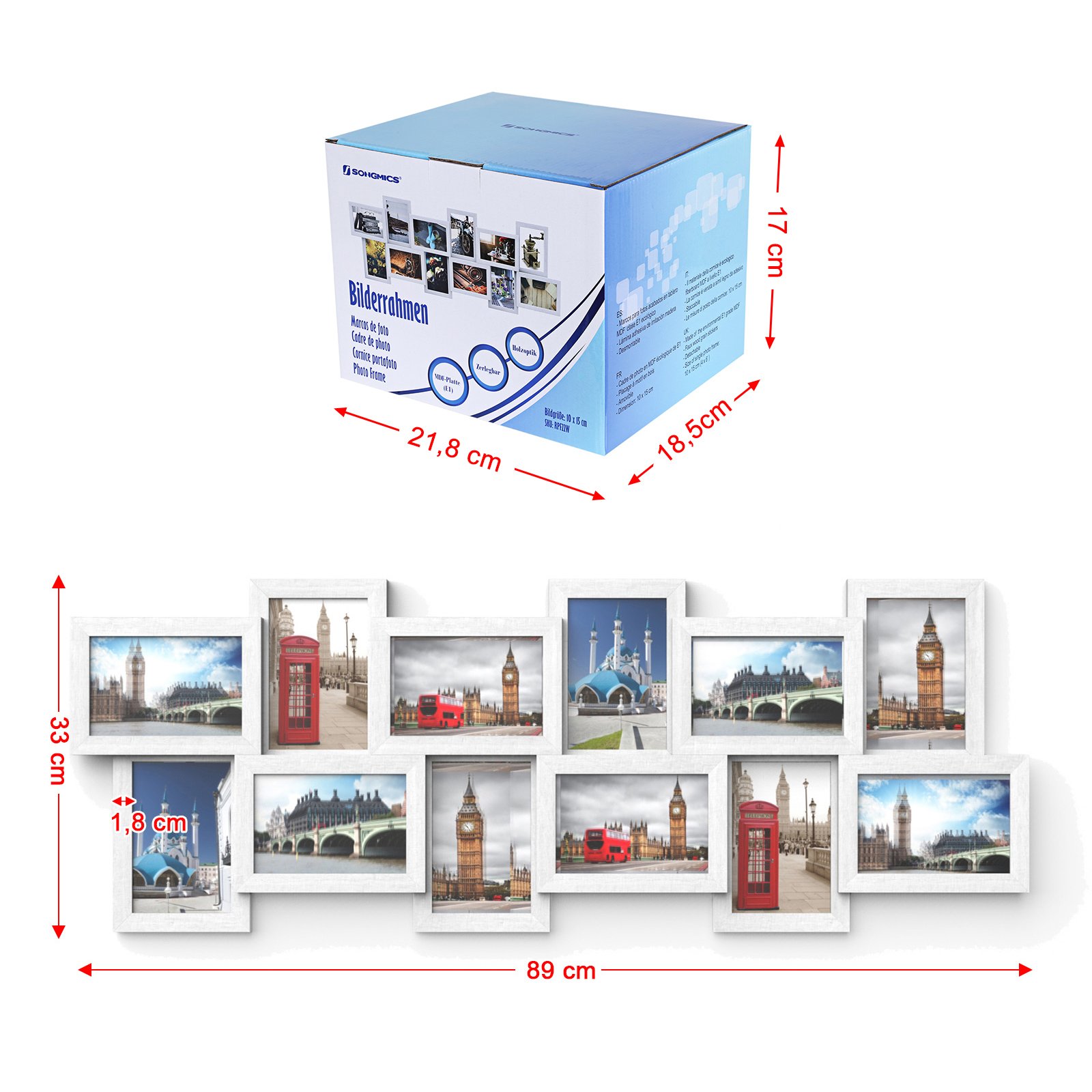SONGMICS RPF22W Ramka na zdjęcia, kolaż na 12 zdjęć po 10 x 15 cm, z płyty MDF, wymagany montaż, Boże Narodzenie, biała, z rysunkiem słojów drewna