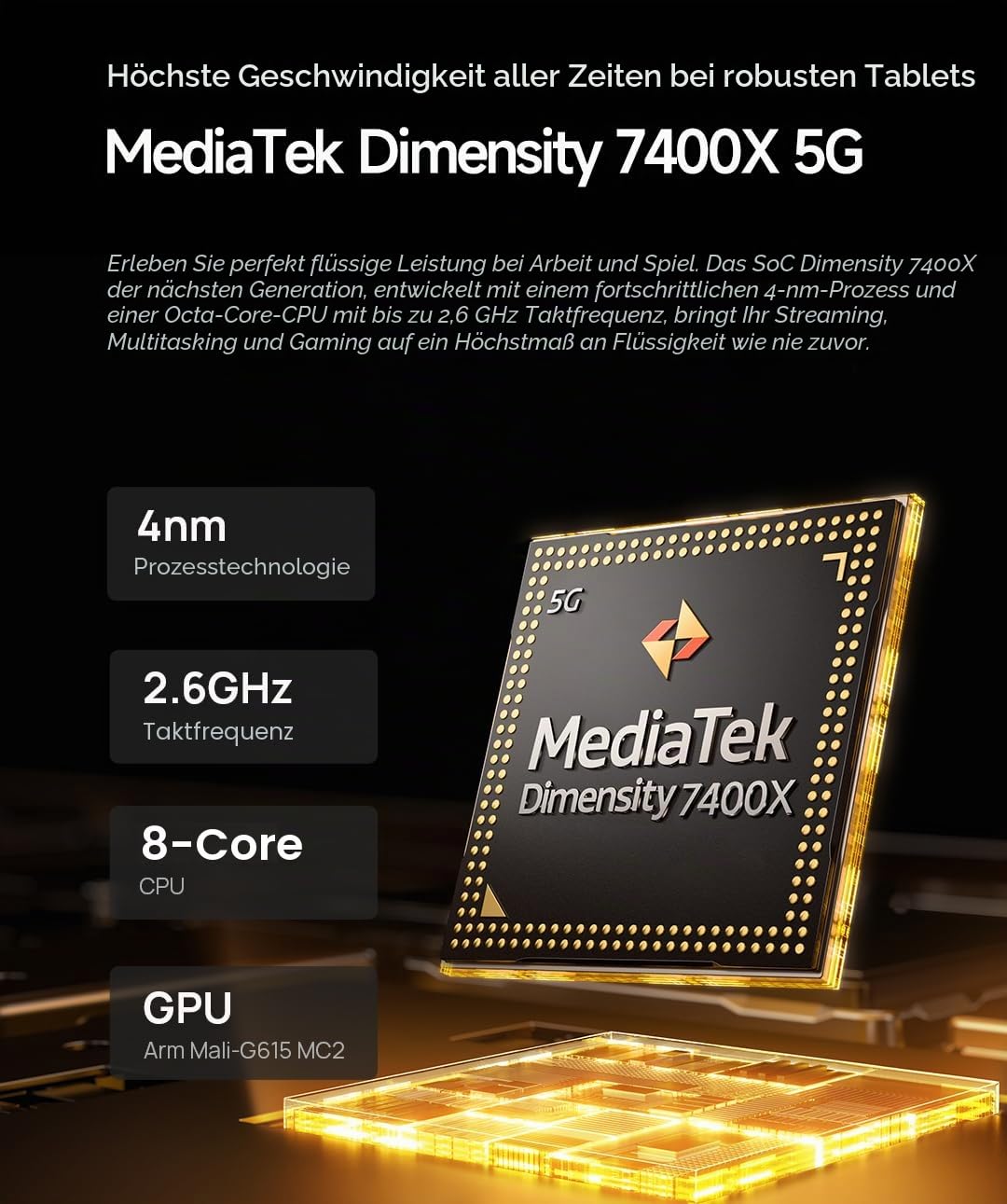 Ulefone Armor Pad 5 Pro 5G Outdoor Tablet 5G Mit 24200mAh Akku, Android 15, Dimensity 7400X, 32GB+512GB Robustes Tablet 11 Zoll FHD+ 1000 Lumen LED, 64MP Nachtsicht, IP68 Wasserdicht Stoßfest, NFC/GPS