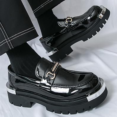 Men's Patent Leather Metal Decoration Chunky Platform Penny Loafers Luxury Round Toe Slip-On Lug Sole Dress Shoes Daily Non-Slip Shock Absorbing Outdoor Work Shoe