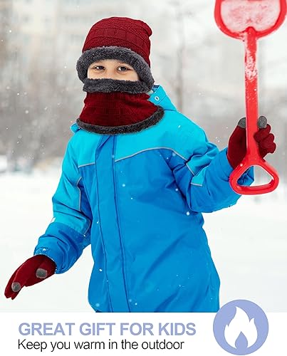 Miniatura 5 de 3 juegos de gorro de invierno para niños, gorro y bufanda de punto cálido para niños, bufanda de invierno para niños de 5 a 14 años