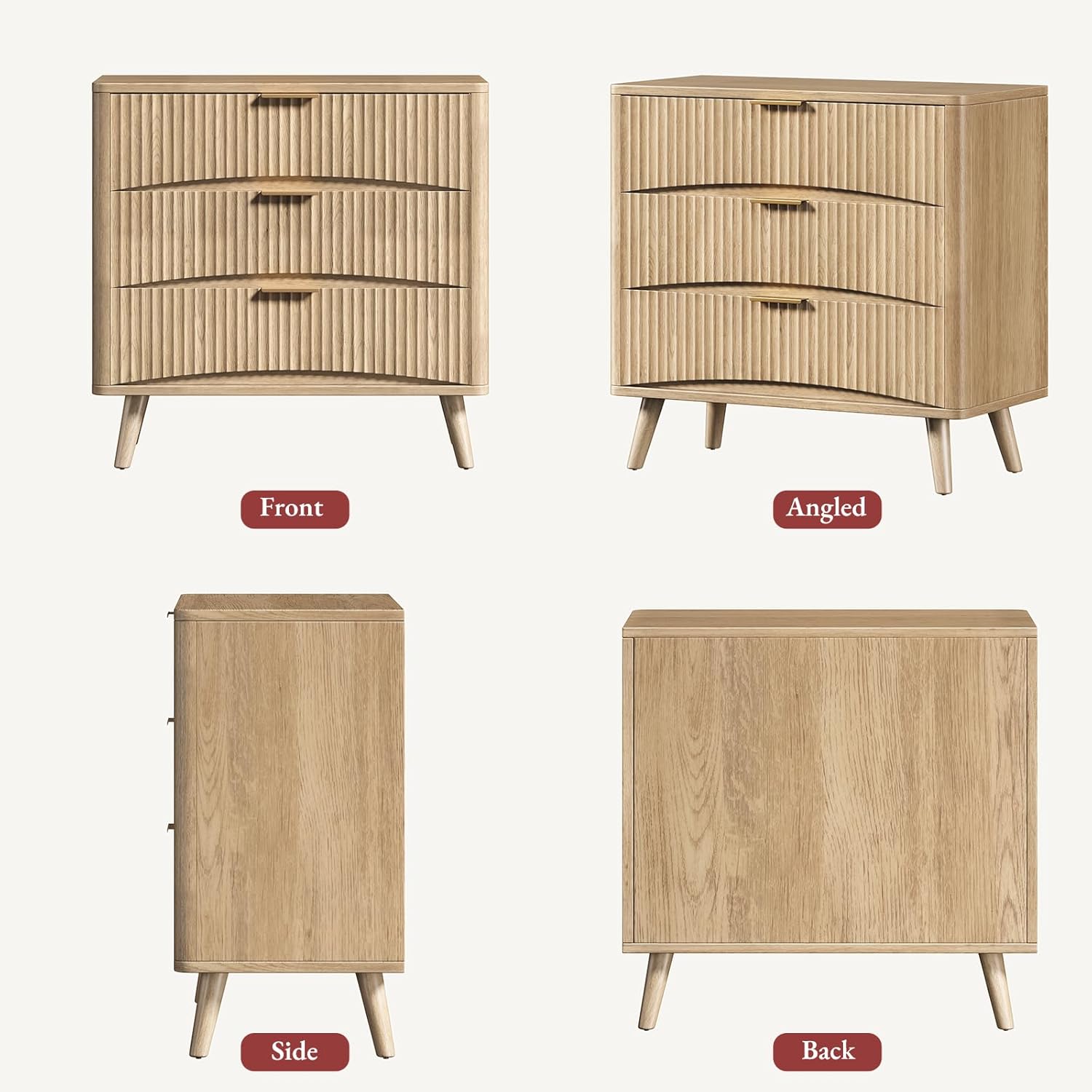 Evermagin 31.5“W Oversized Fluted Nightstands Set of 2, 3 Drawer Light Wood Night Stand, Extra Large Wide Bedside Table, Mid Century Modern Bedside Table for Bedroom, Natural Oak