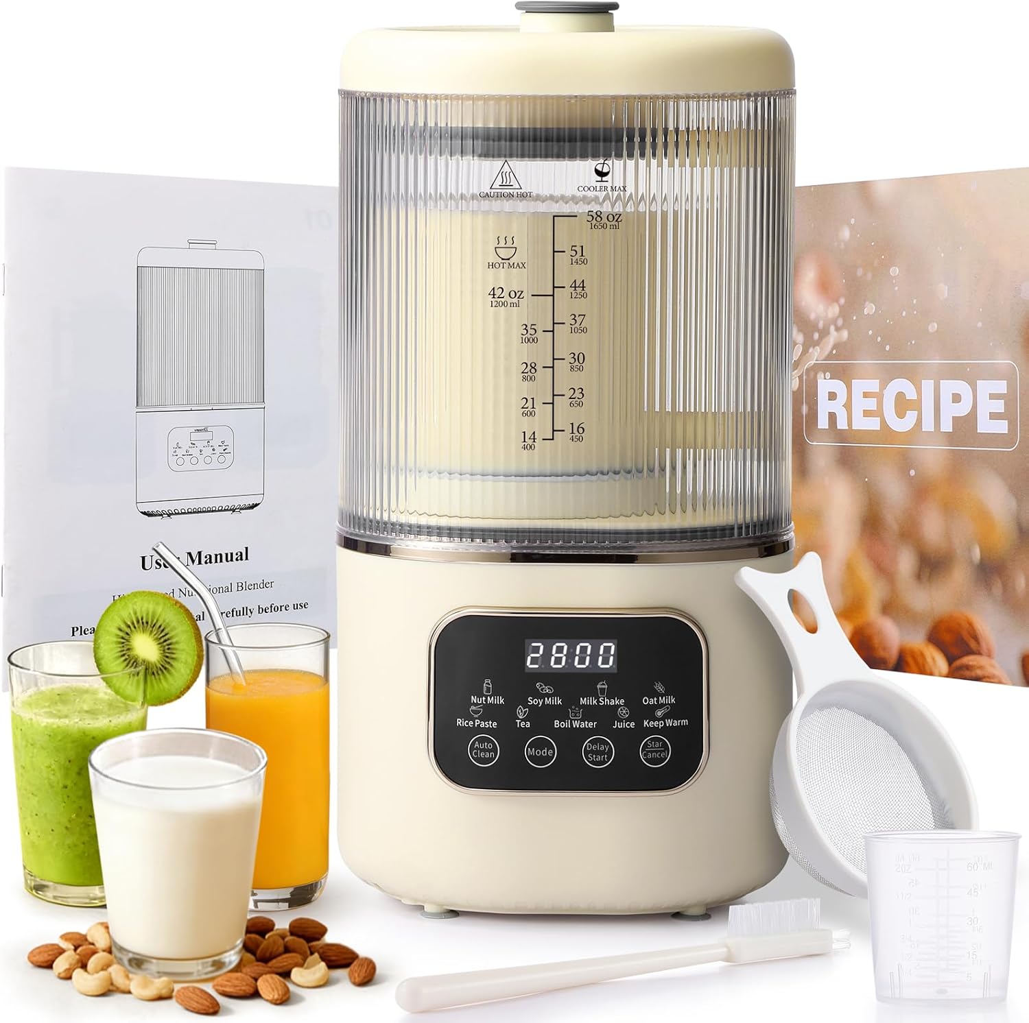 10 in 1 Nut Milk Maker Machine,58oz Auto Soy Milk Maker with 20 Blades,LED Display,Nut Milk Maker with 24H Delay Start&12H Keep Warm,Almond Milk Maker,Oat,Soy,Plant-Based Milk,Juice for Homemade