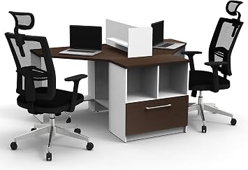 2 Person Office Reception Desk Reception Corner Collaboration Furniture Model 4329 4 Pc Group Contemporary White/Espresso Color.