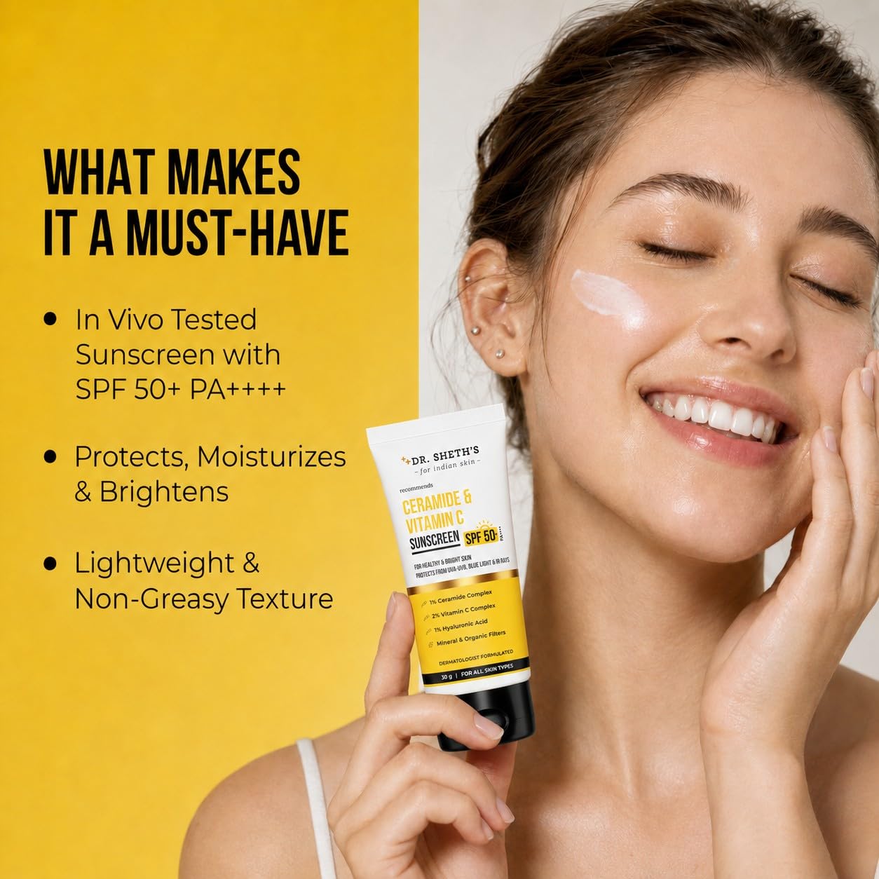 Dr. Sheth's Ceramide & Vitamin C Sunscreen | In-Vivo Tested | Protects, Moisturizes & Brightens Skin | SPF 50+ PA++++ | Lightweight, Leaves No White Cast | 30 g 1