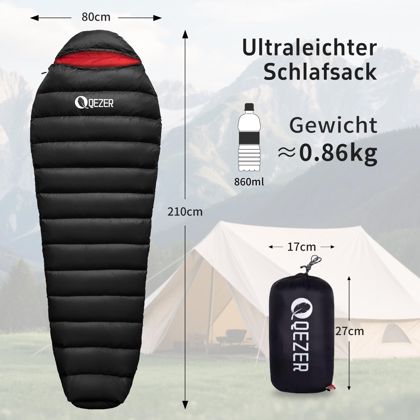 Daunenschlafsack, Winterschlafsack, gefüllt mit 650er Entendaunen. RDS-Zertifiziert. Geeignet für Temperaturen von 8 °C bis -30 °C, ideal zum Campen und Bergsteigen.