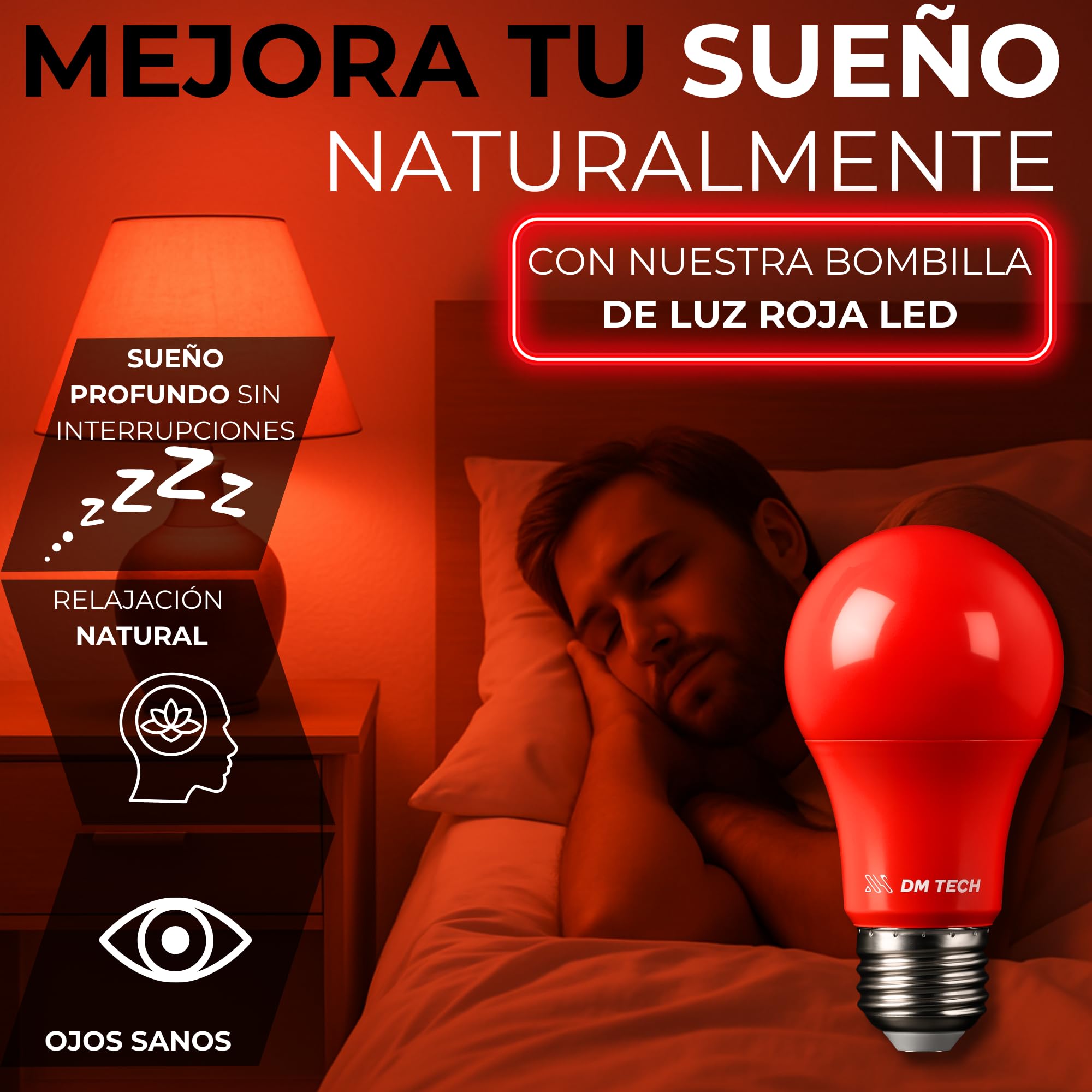 DM TECH PACK 2 Luz Roja Nocturna Melatonina E27 - Bombilla Terapia Roja para Dormir - 0% Luz Azul + Rosca Estándar + Mejora del Ritmo de Descanso