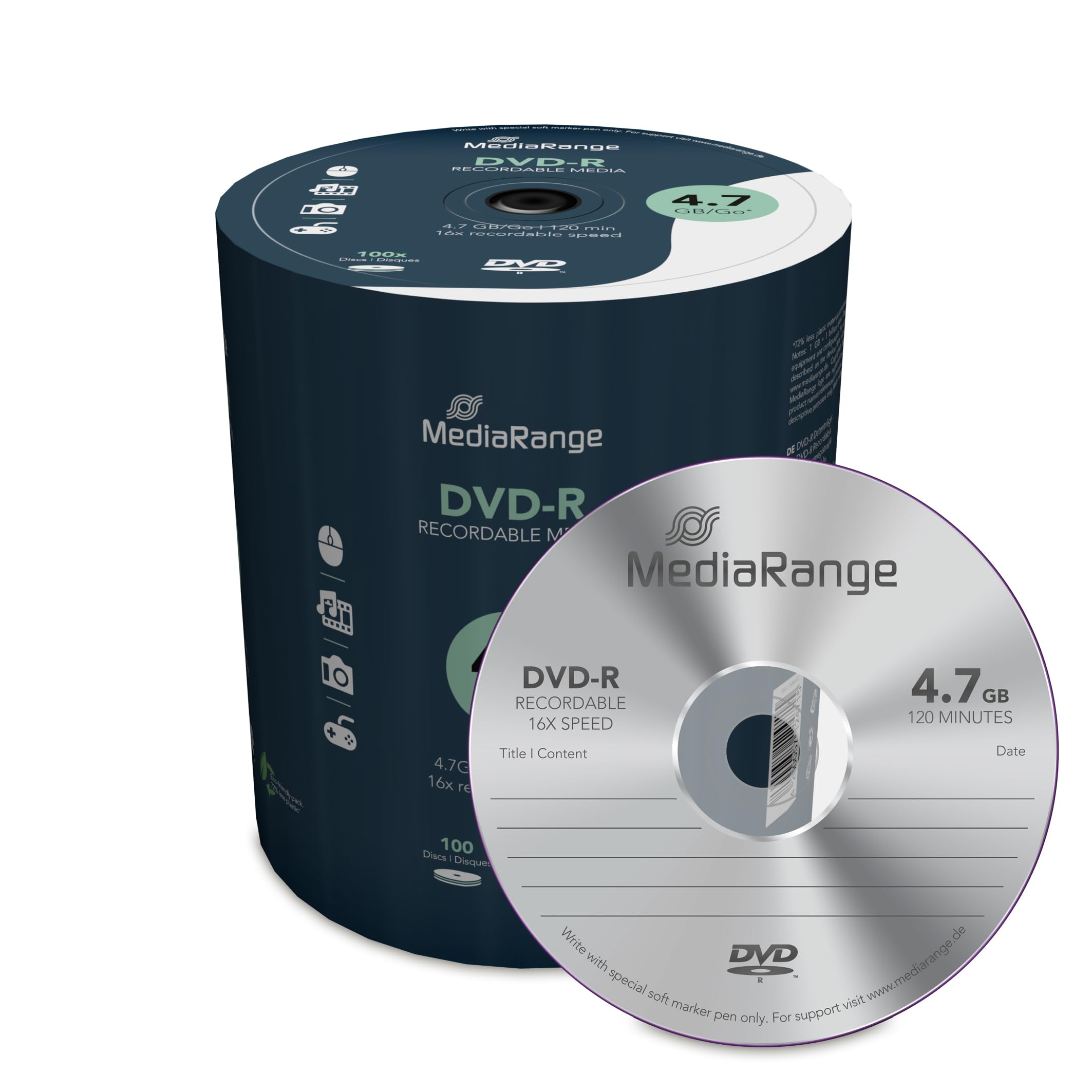 MediaRange DVD-R 4.7GB 16x (100) MR442 Cake Box regrabable