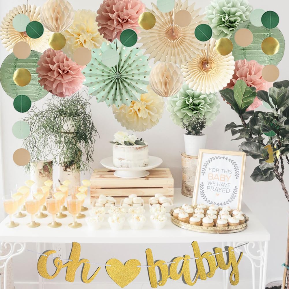 Dusty Pink Sage Green Baby Shower Decorations for Girls Pink and Green Baby Shower Party Decor Oh Baby Banner Paper Pom Poms Fans Paper Lanterns for Gender Neutral Party Decor