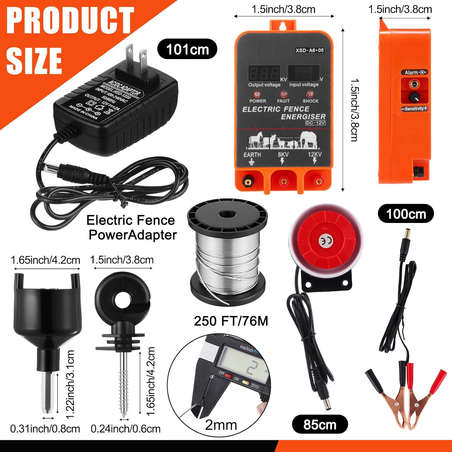 5.5J Electric Fence Charger with Digital Display & Alarm, AC/DC Dual Power, 12V Input 8KV/12KV Output, 250ft Aluminum Wire 50 Insulators & Socket Tool for Animal Control Predator Deterrent