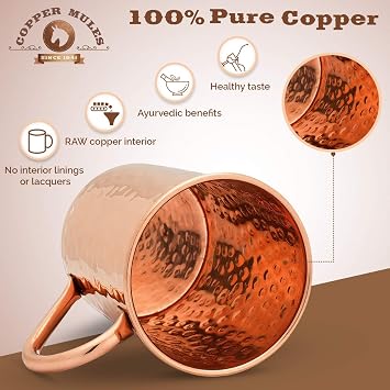Copper Mules 16 oz. Hammered Copper Moscow Mule Mug - 100% Pure Copper, Keeps Drinks Colder, Riveted Handle, No Inner Liner, Bonus Recipes EBook