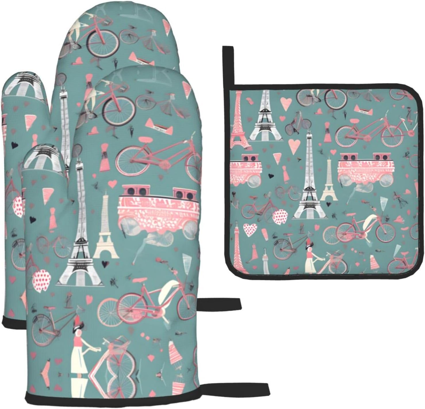 Romantic Paris Eiffel Tower Bycicle Print Heat Resistant Microwave Gloves, Used for Baking, Cooking, and Fashion Kitchen Essentials