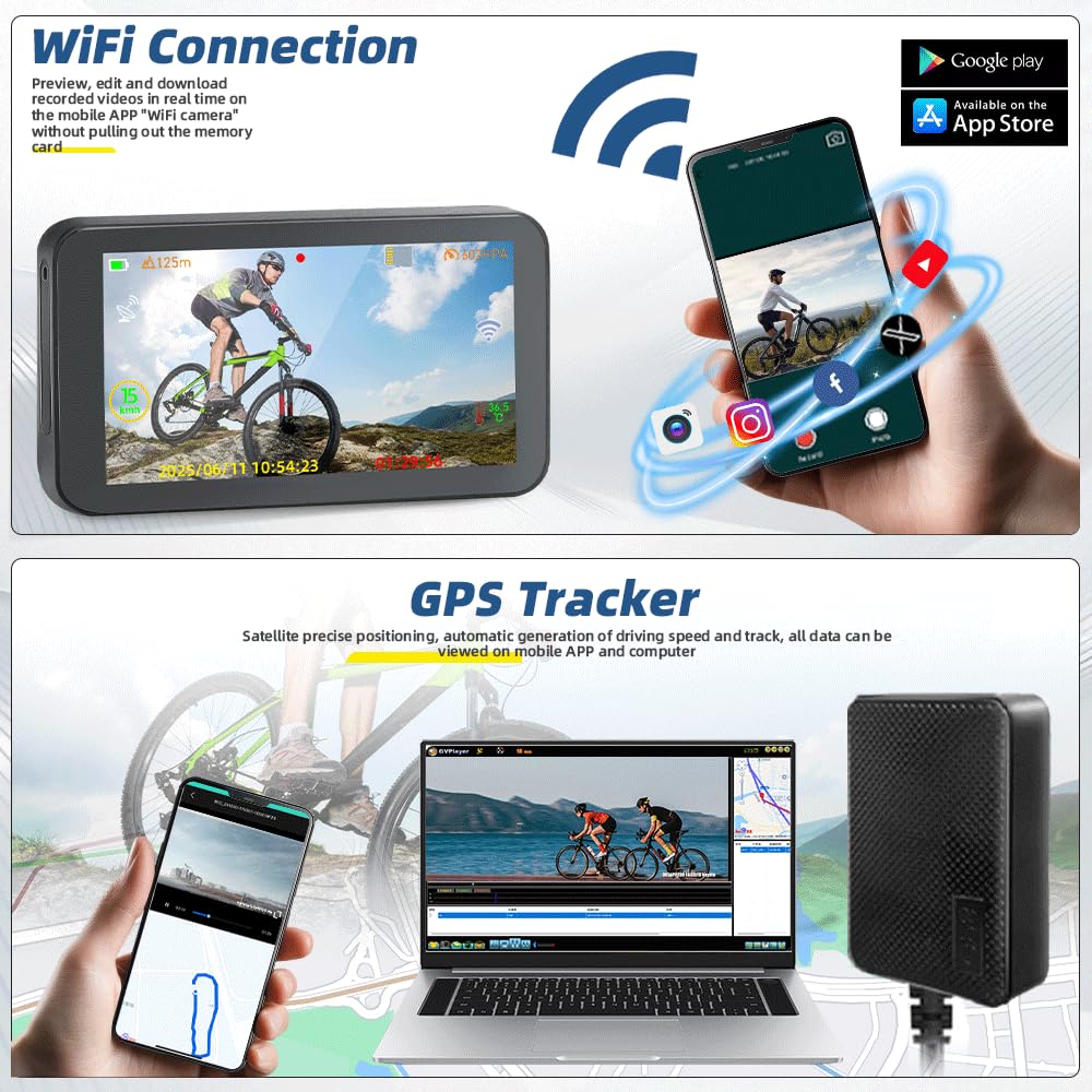 VSYSTO Espejo para bicicleta, cámara de visión trasera para bicicleta con monitor HD de 4,5 pulgadas, cámara wifi, visión nocturna, registro de kilometraje, velocidad, calorías, para bicicleta de